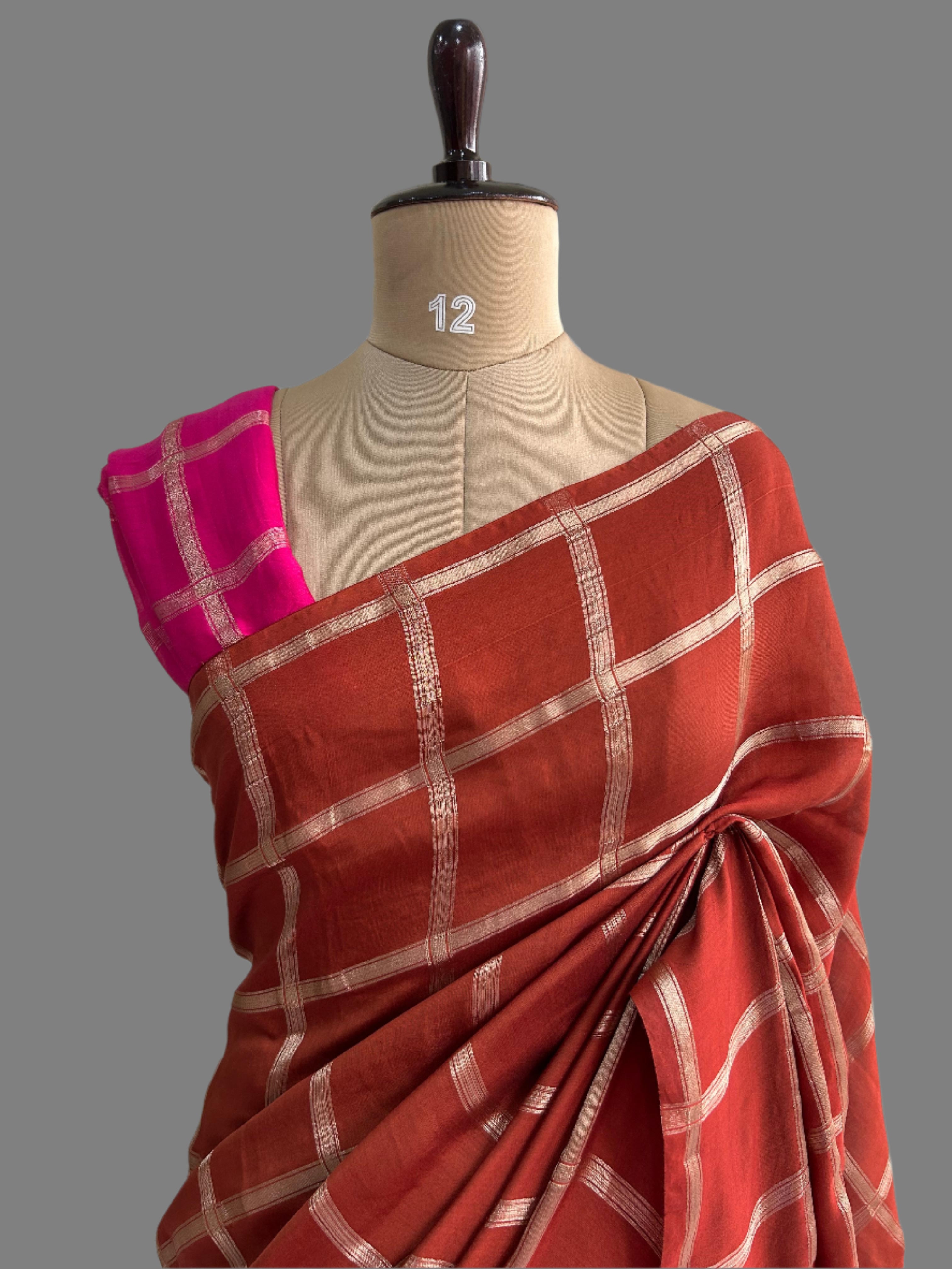Brick red soft tussar crepe checks  saree