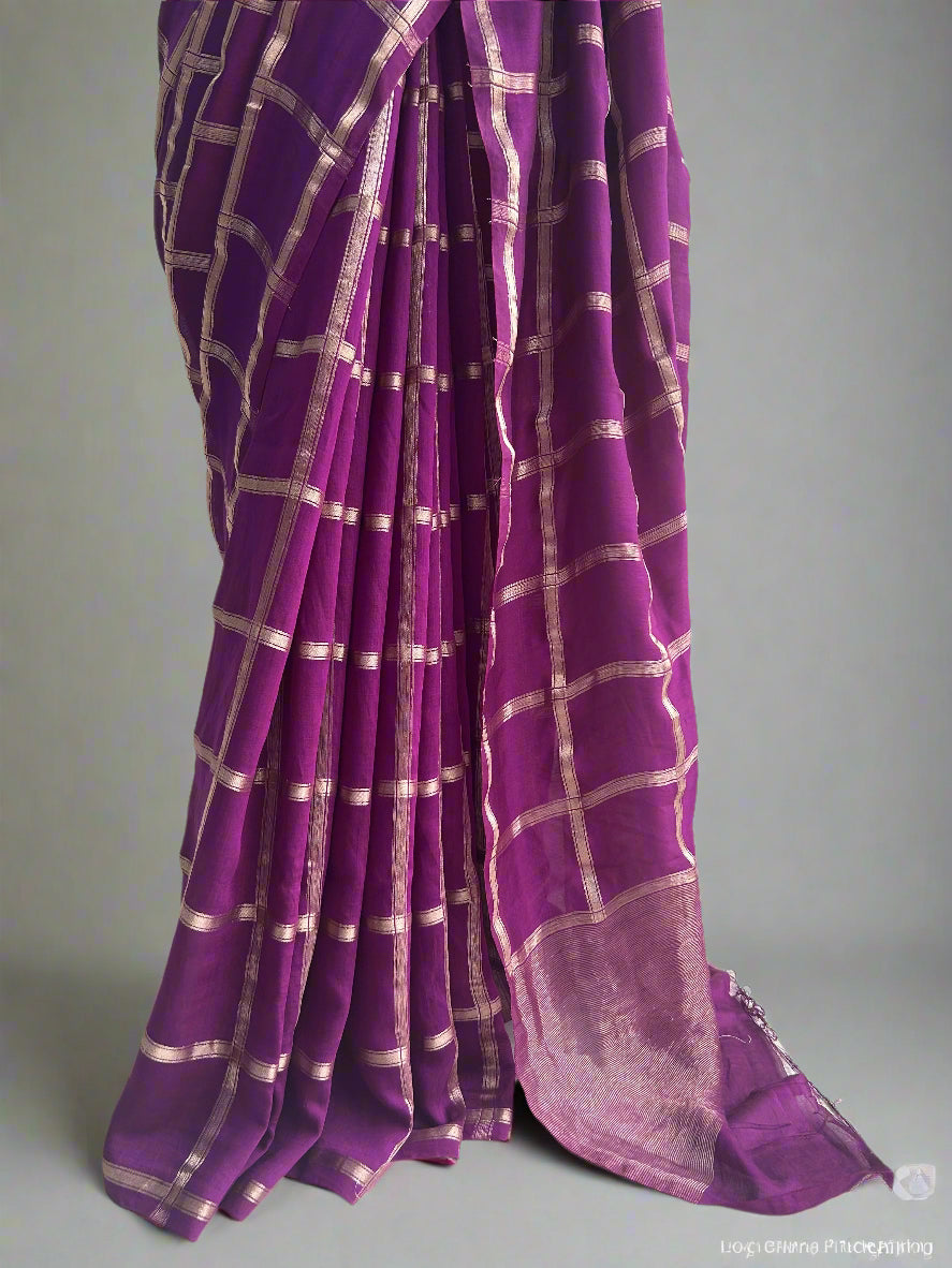 Purple soft tussar crepe checks  saree