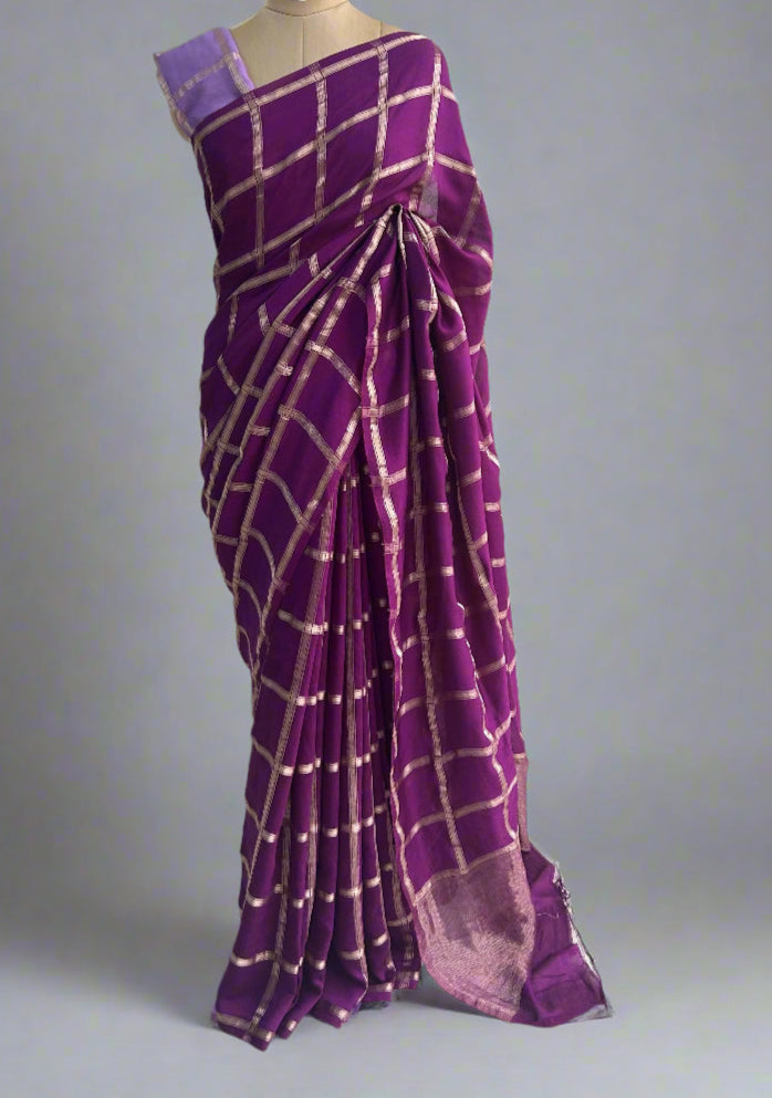 Purple soft tussar crepe checks  saree
