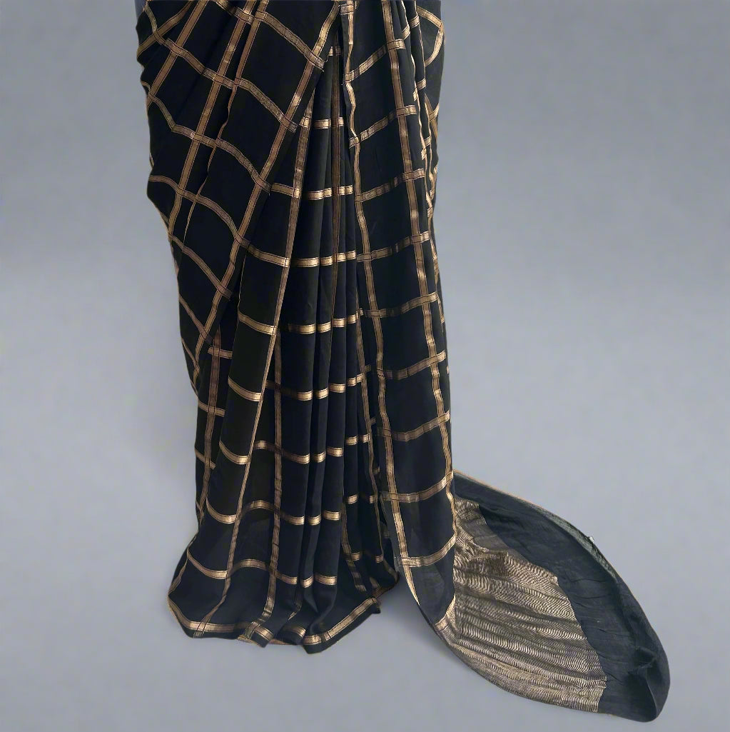 Black soft tussar crepe checks  saree