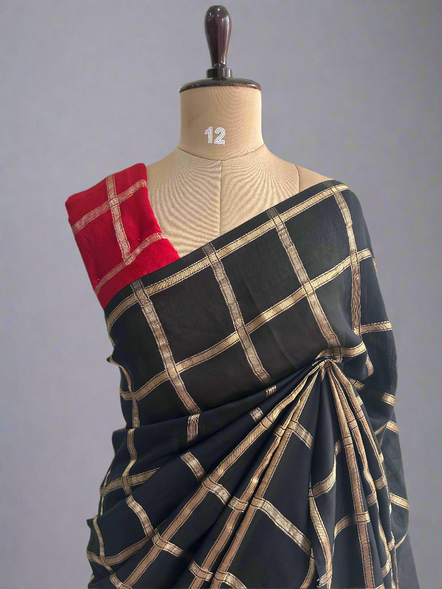 Black soft tussar crepe checks  saree