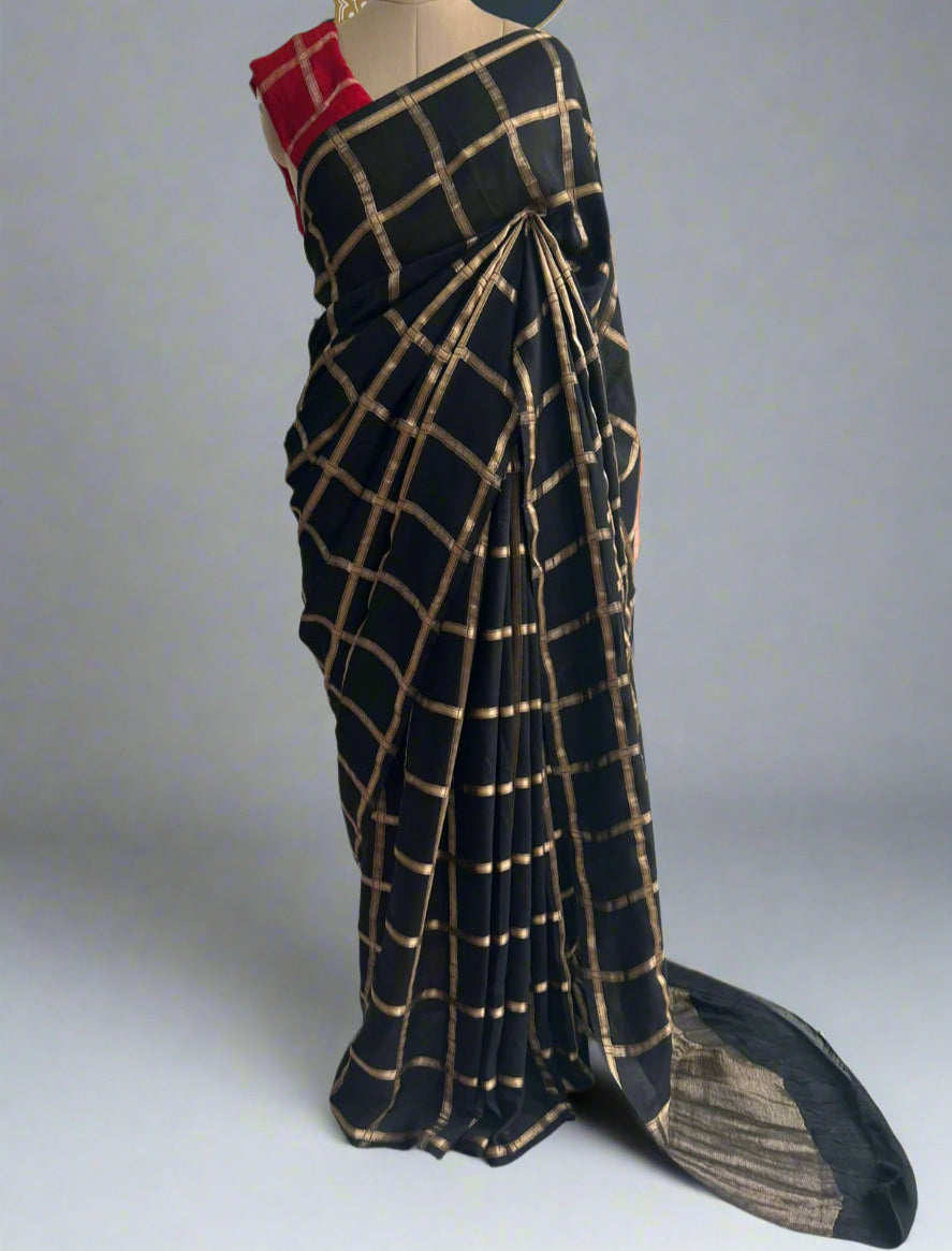 Black soft tussar crepe checks  saree