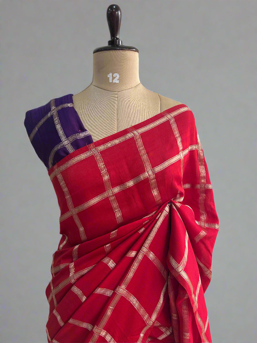 Red soft tussar crepe checks  saree