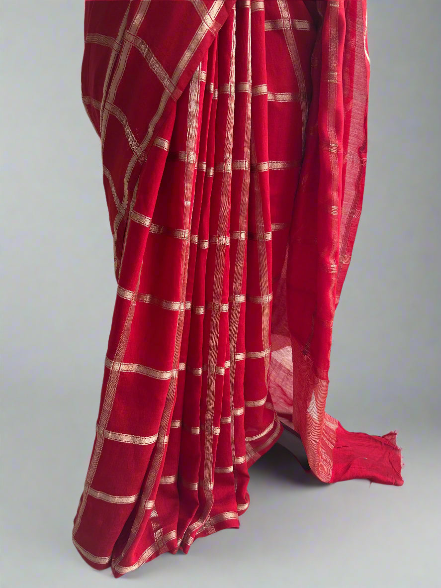 Red soft tussar crepe checks  saree