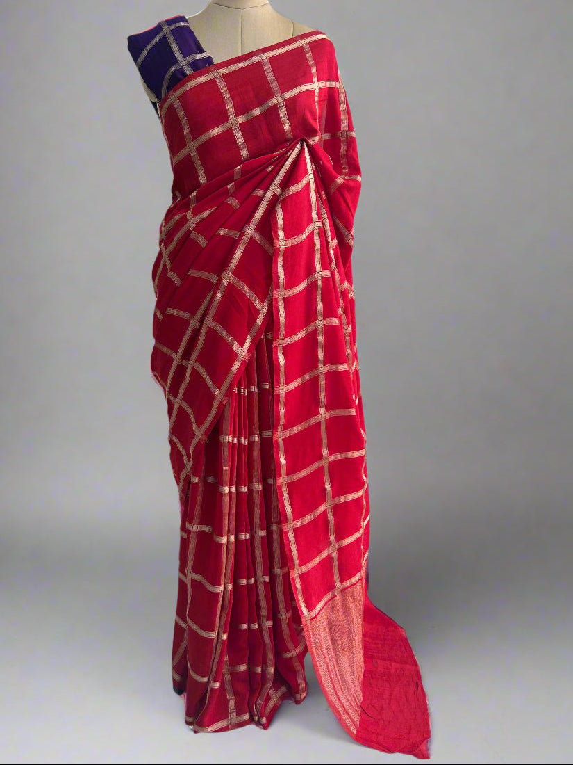 Red soft tussar crepe checks  saree