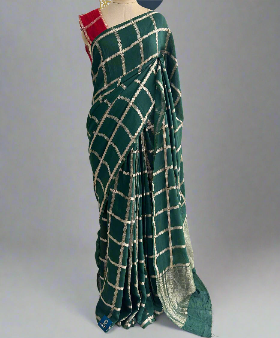 Green soft tussar crepe checks  saree