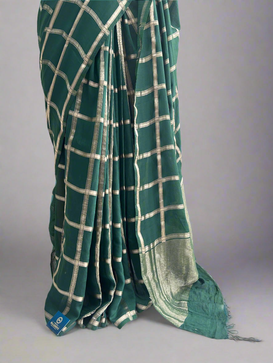 Green soft tussar crepe checks  saree