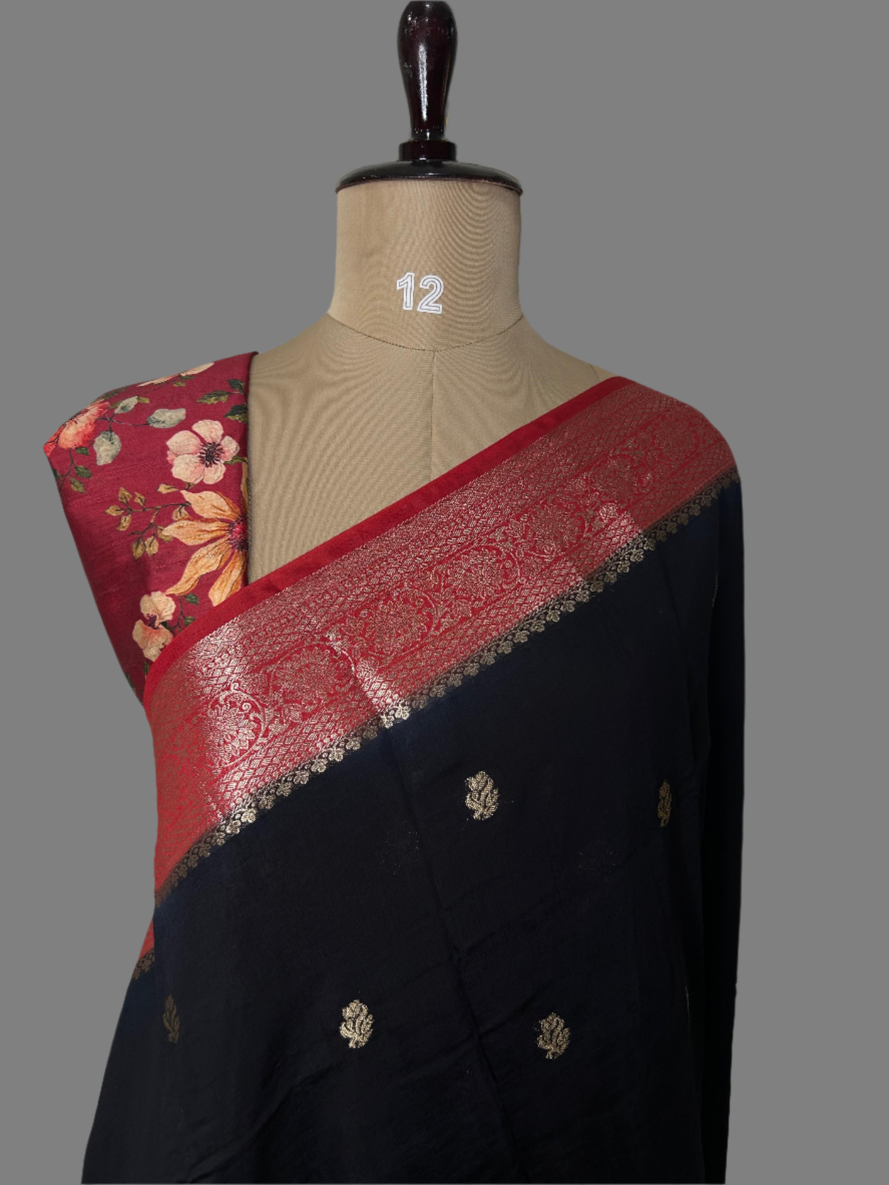Black soft tussar crepe with printed blouse saree