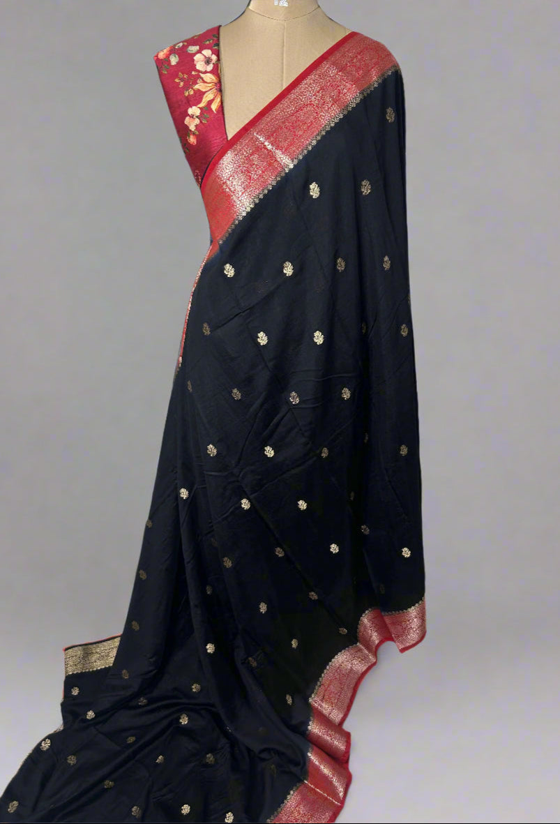 Black soft tussar crepe with printed blouse saree