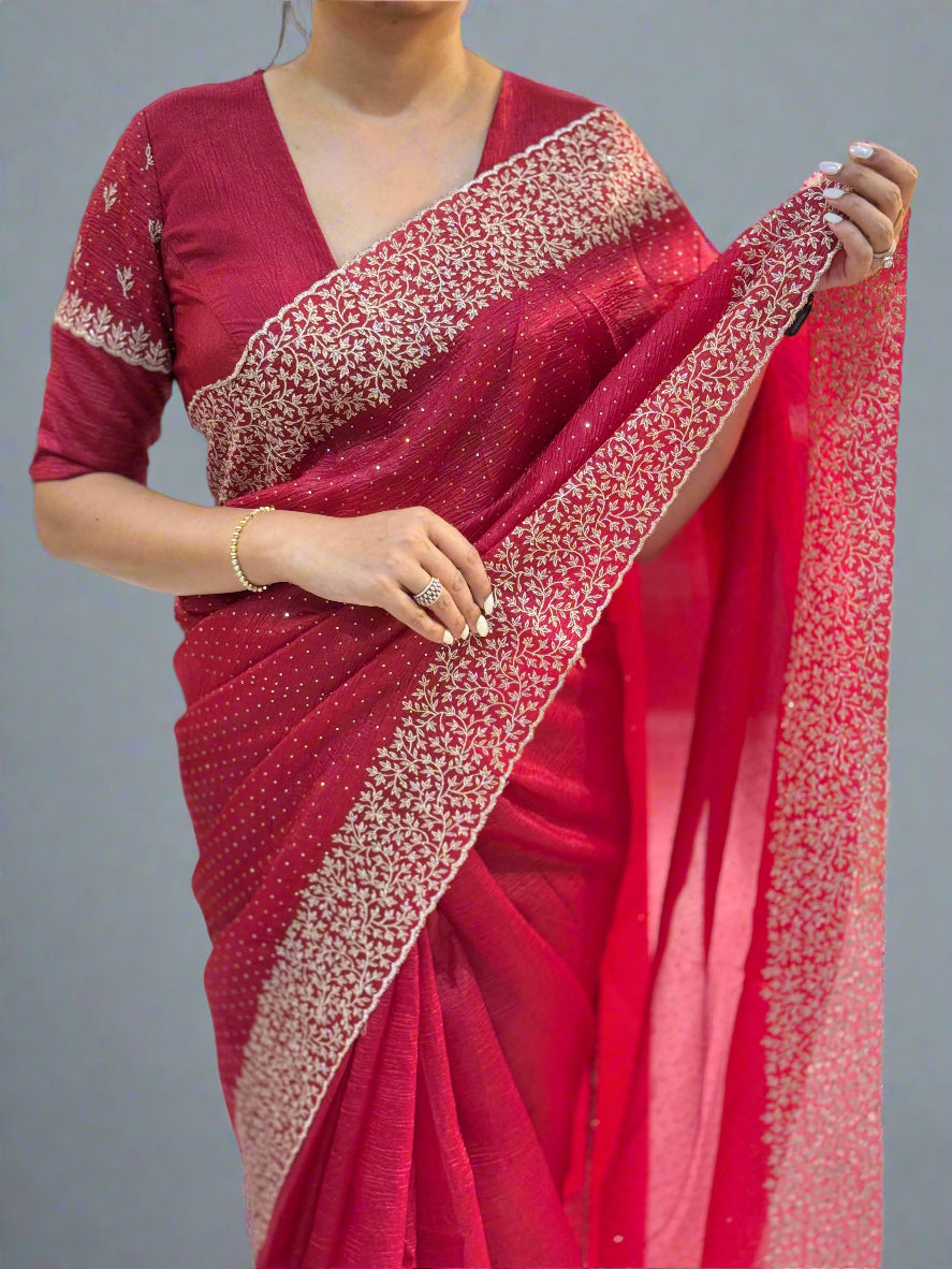 Maroon red Dola crush stone work saree