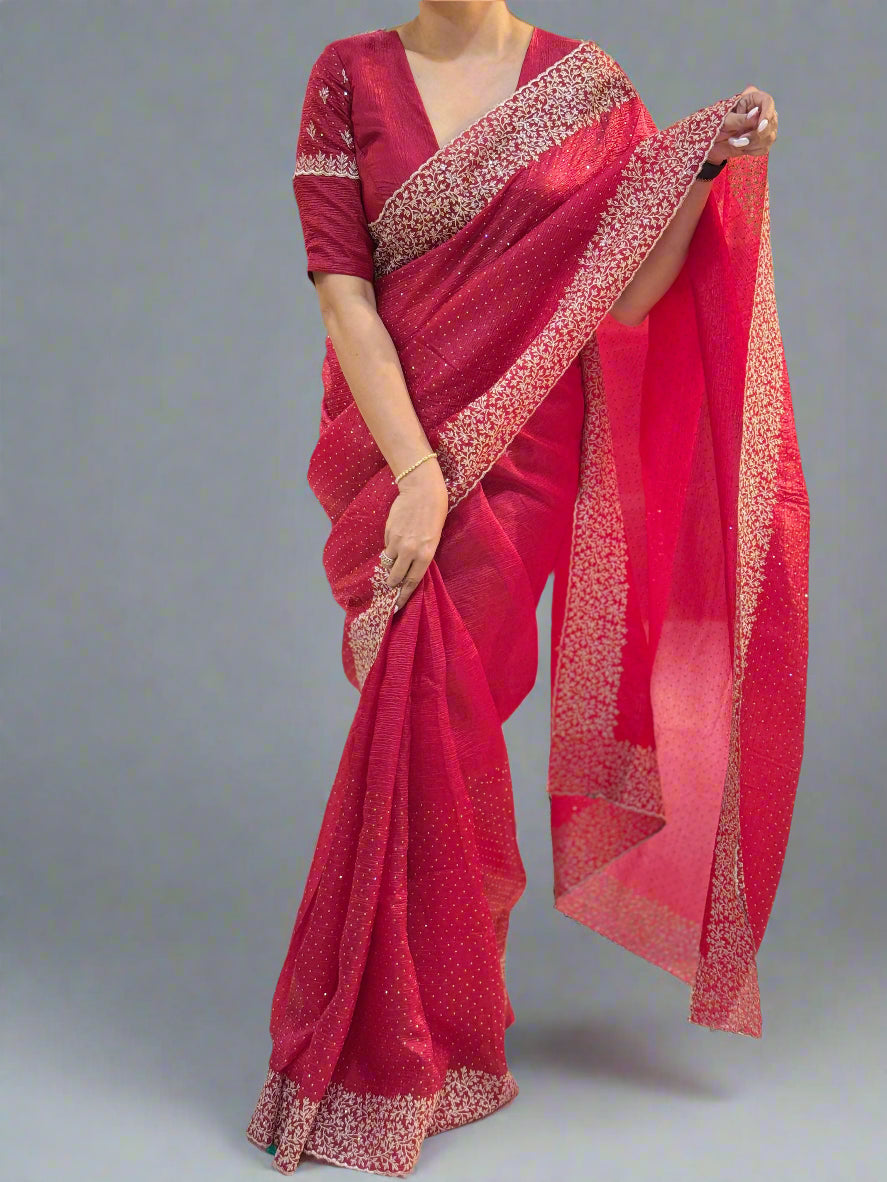 Maroon red Dola crush stone work saree