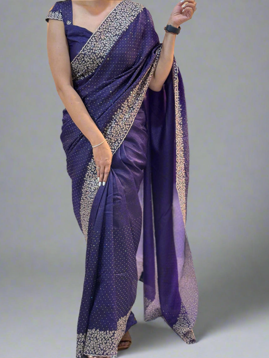 Purple dola crush stone work silk saree