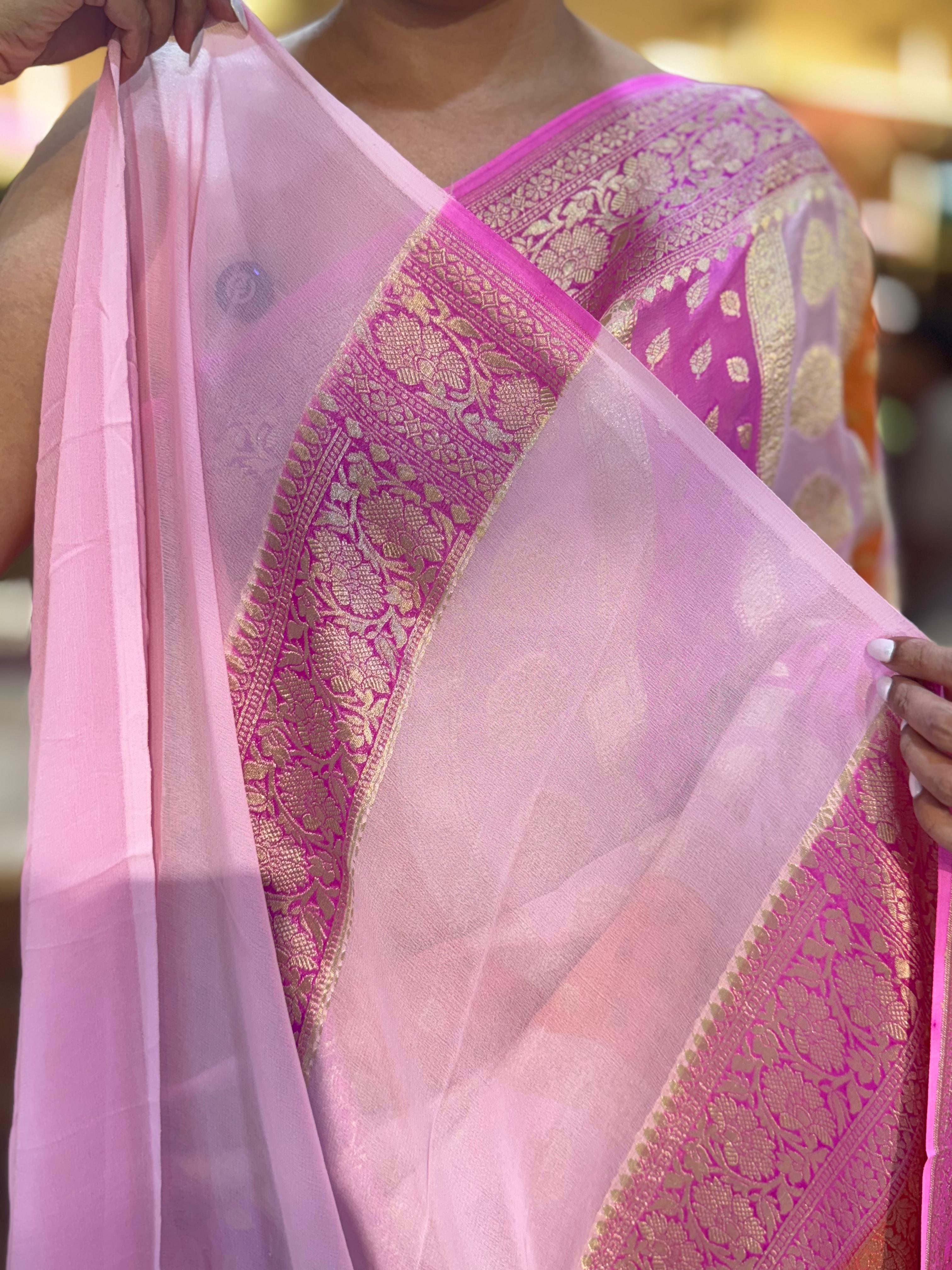 Orange pink rankart pure georgette benaras saree