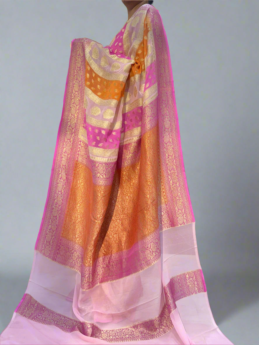 Orange pink rankart pure georgette benaras saree