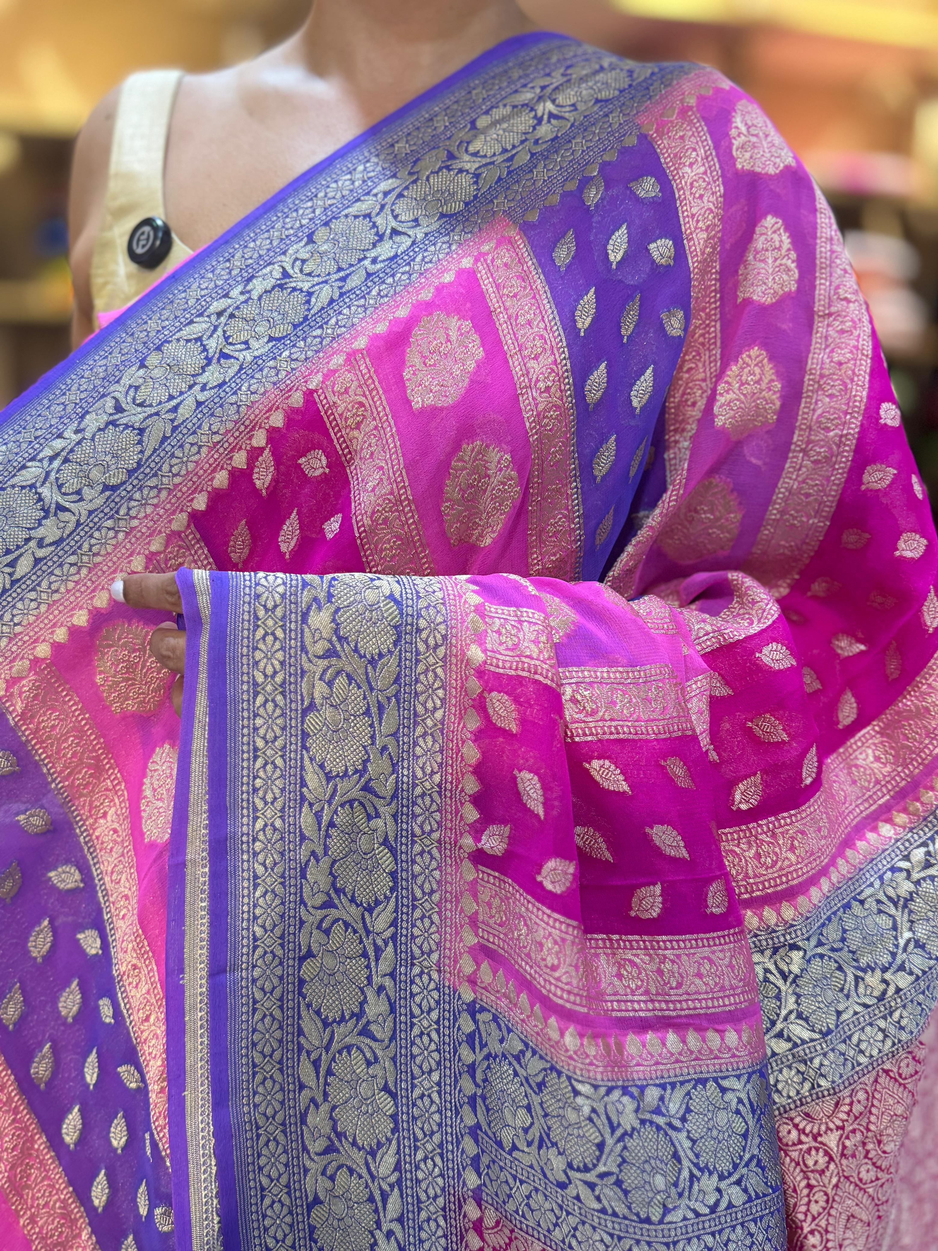 Pink rankart pure georgette benaras saree