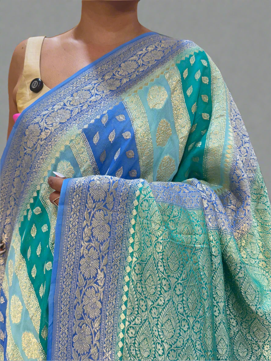 Sky blue rankart pure georgette benaras saree