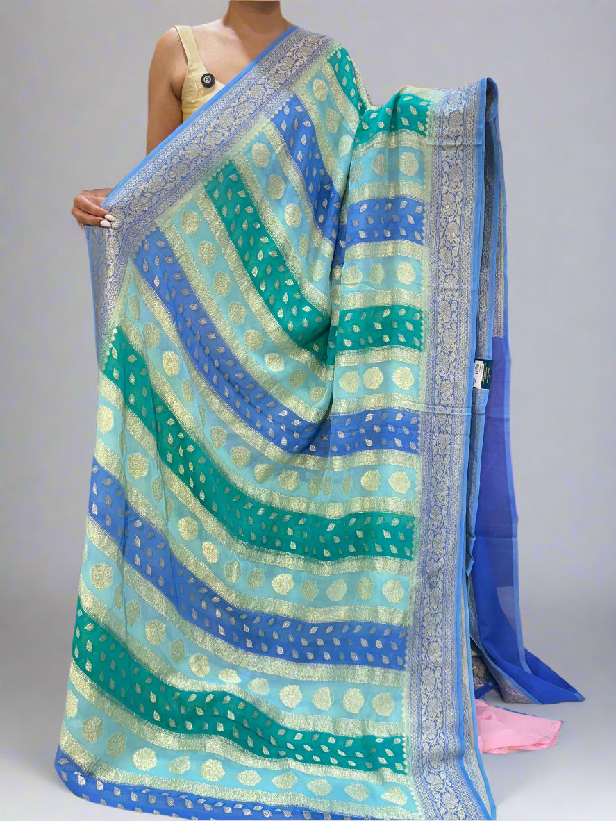 Sky blue rankart pure georgette benaras saree