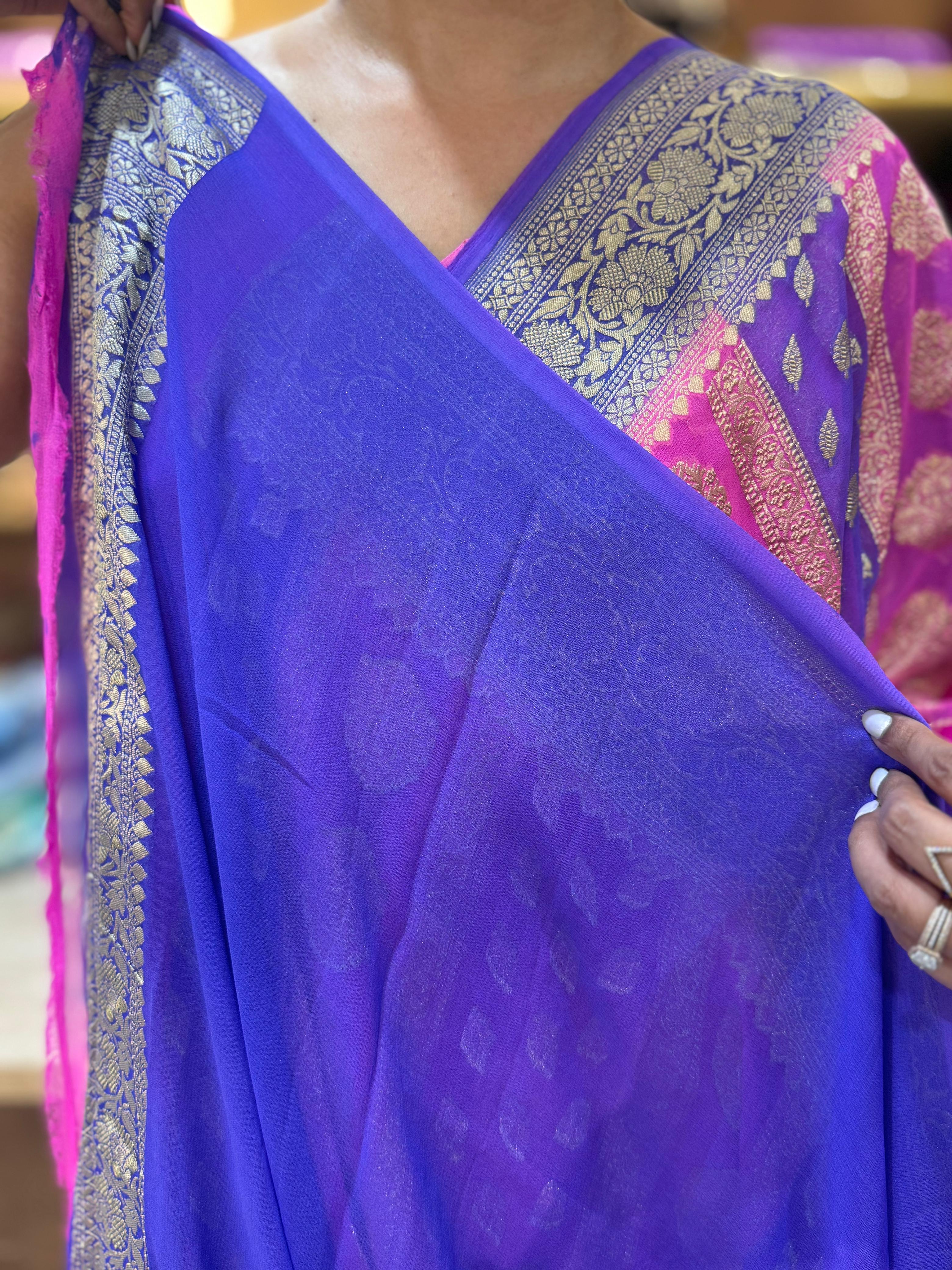 Pink rankart pure georgette benaras saree