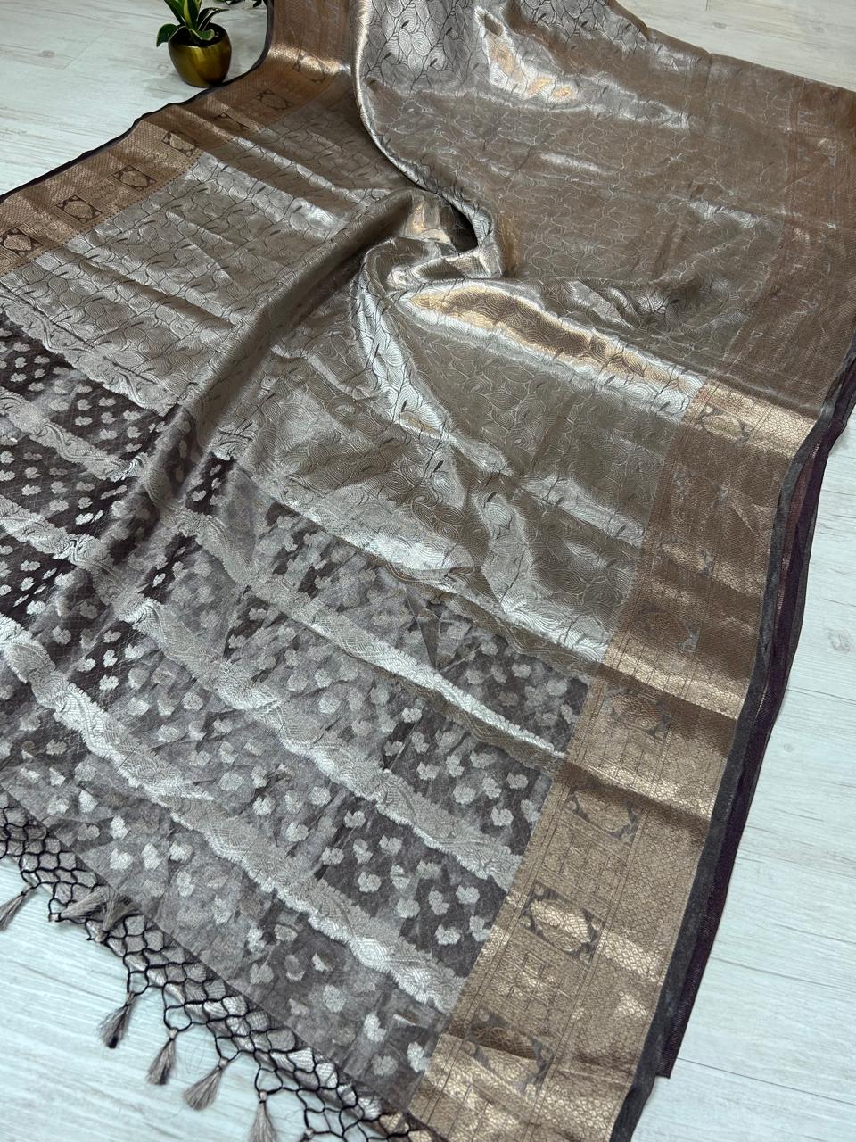 Dark brown pure benarasi brocade tissue saree