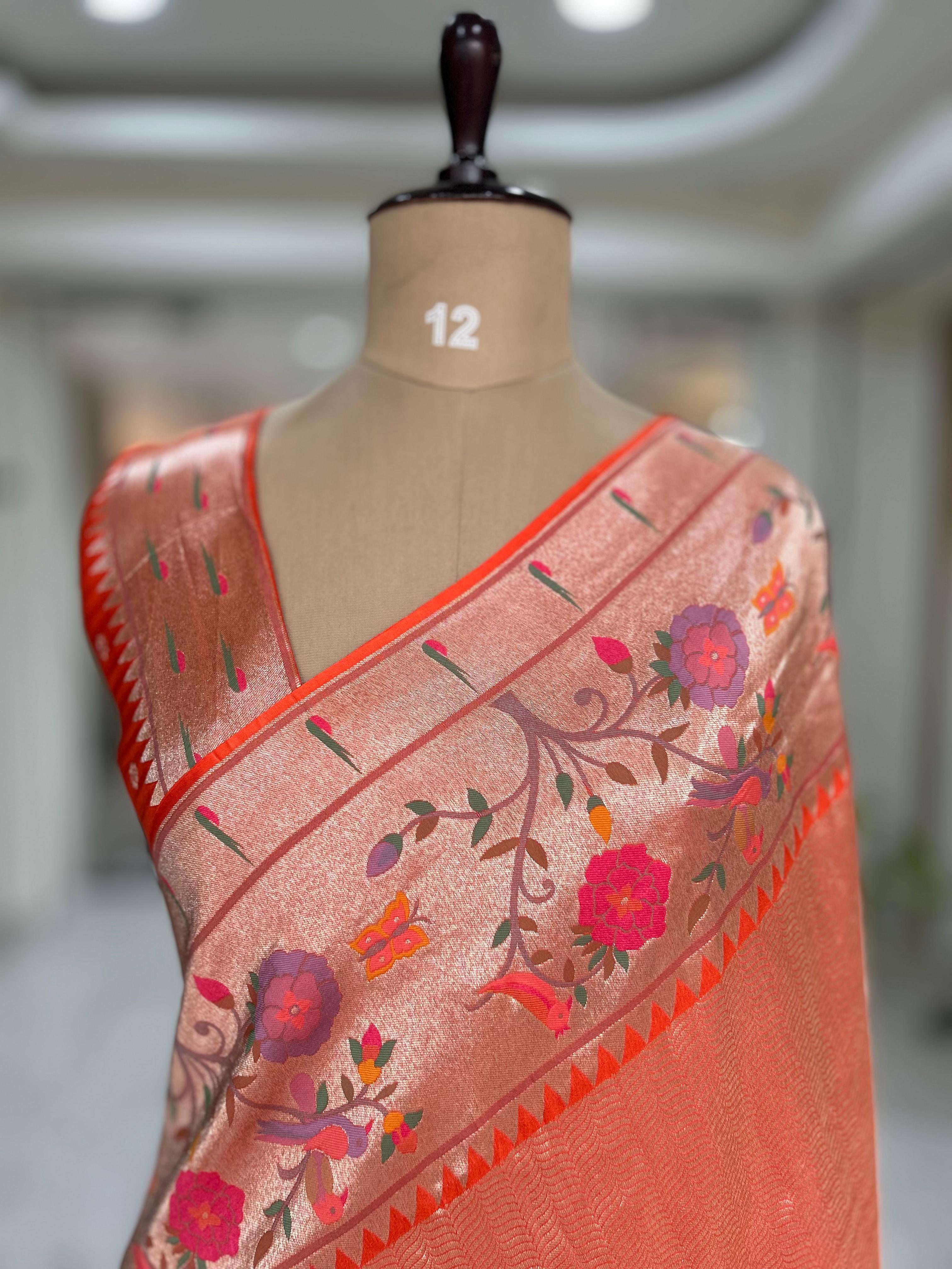 Orange 09 tissue paithani silk saree