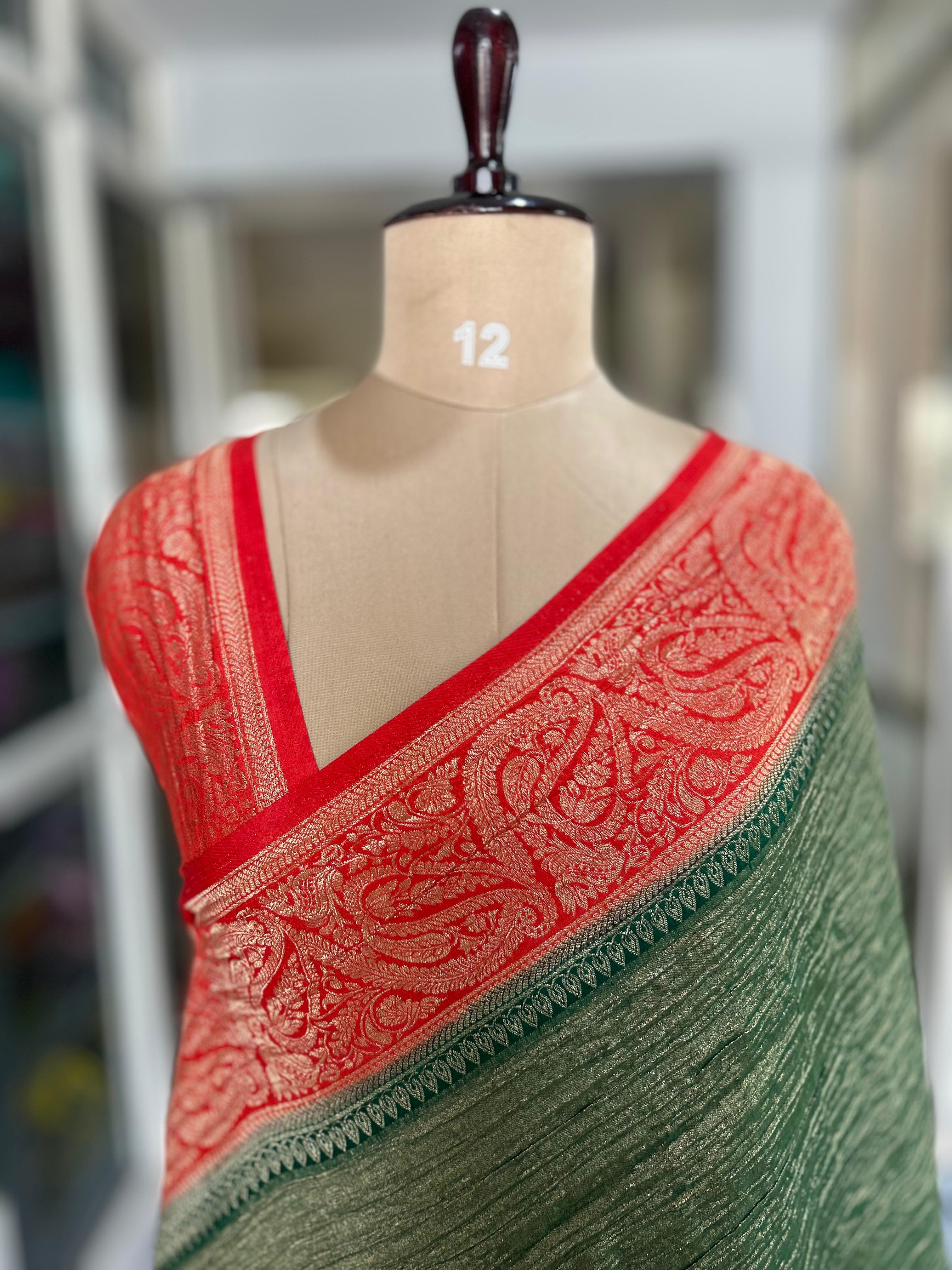 Green n red 07 crush tissue saree