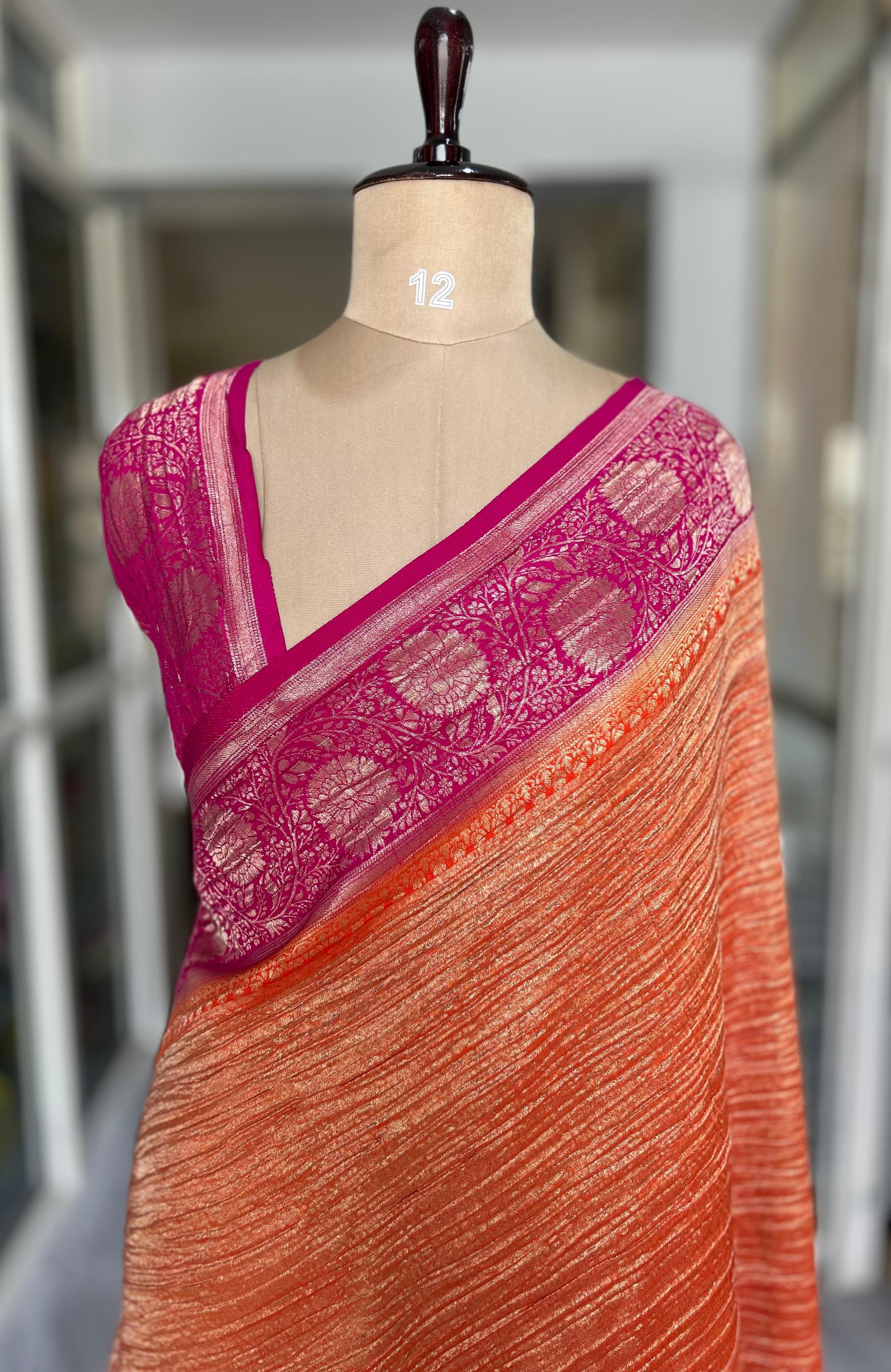 Orange n pink 07 crush tissue saree