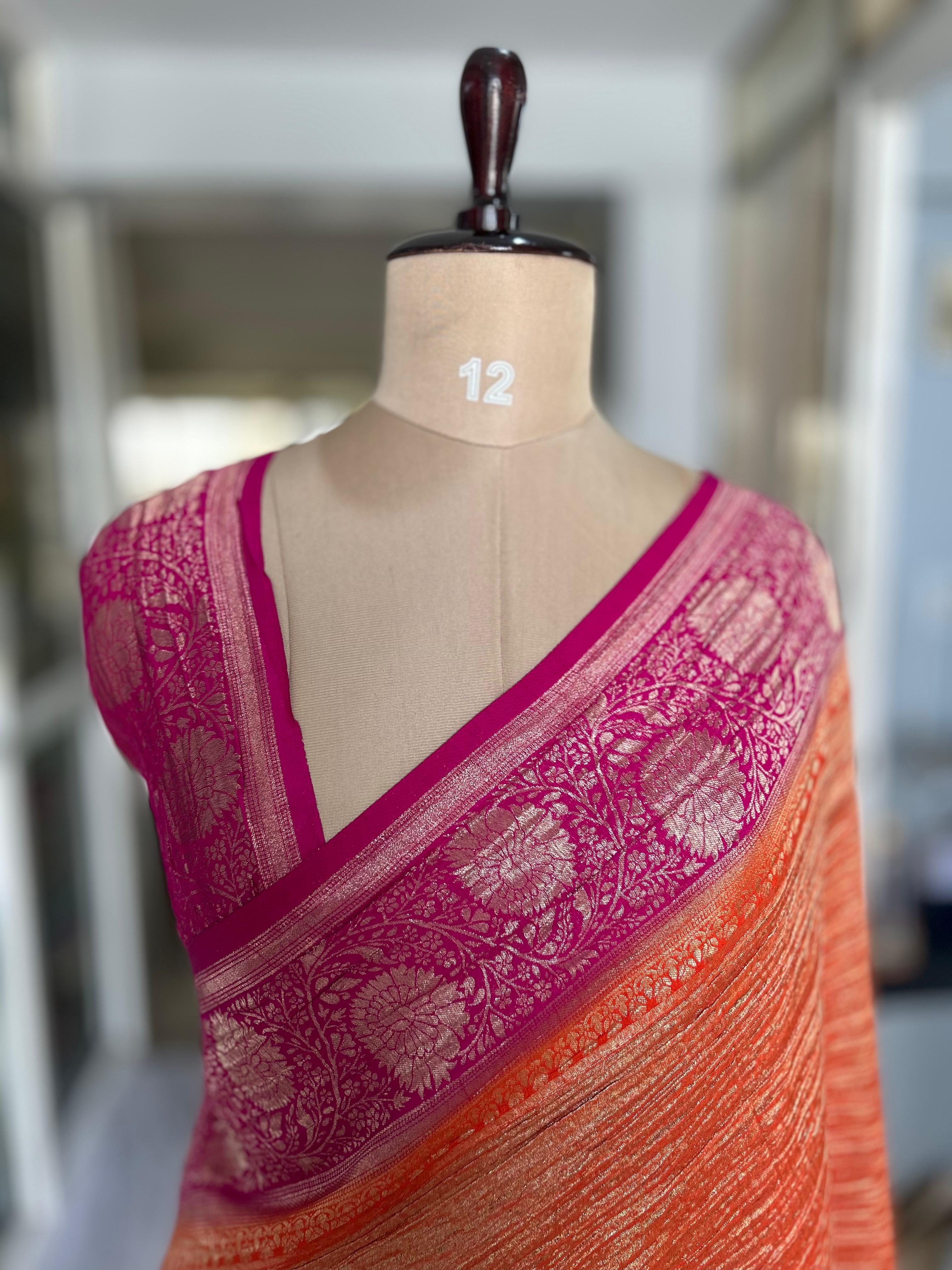 Orange n pink 07 crush tissue saree