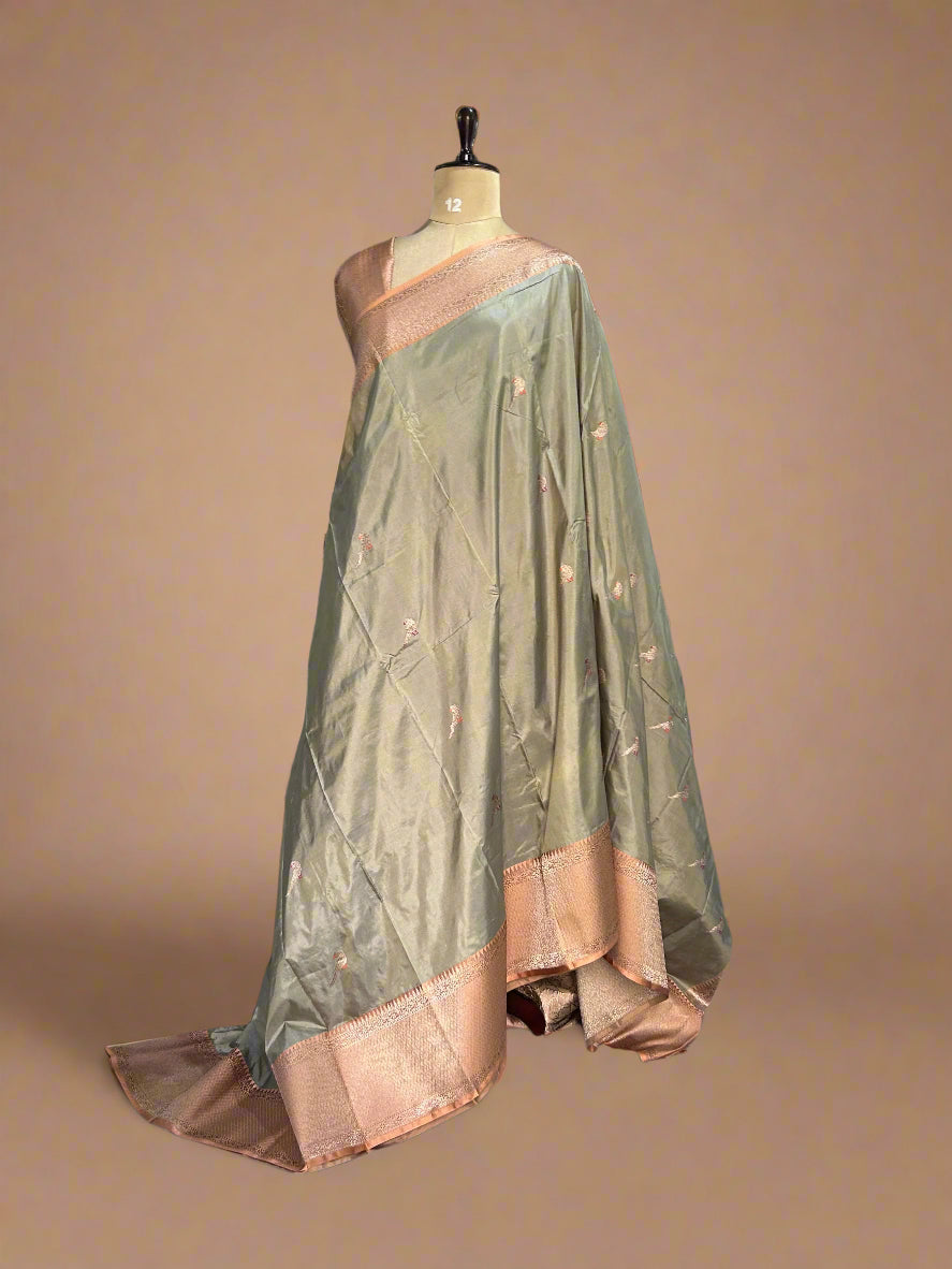 Light grey small butta pure katan silk saree