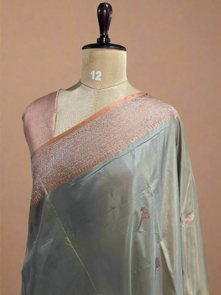 Light grey small butta pure katan silk saree