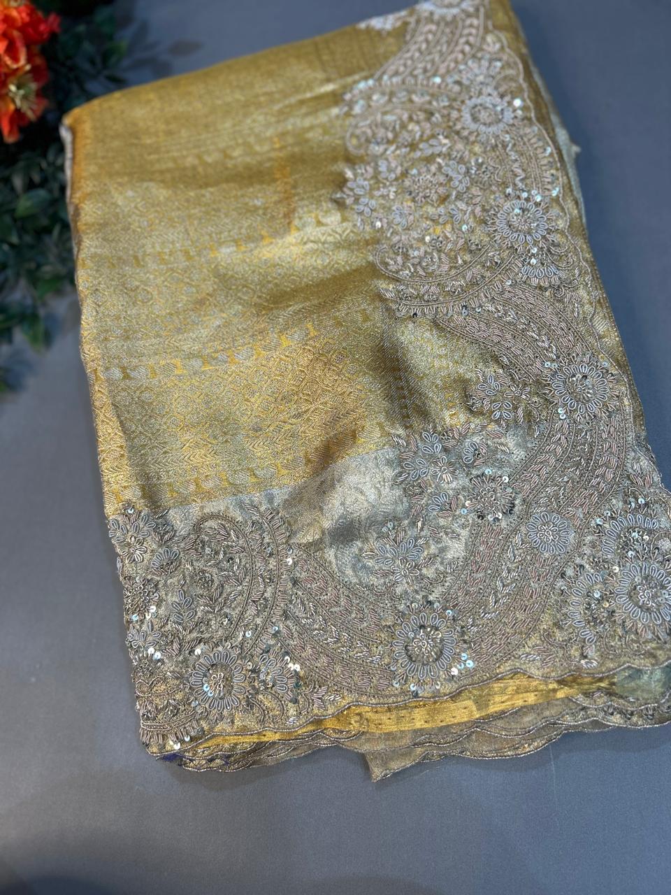 Golden and silver shade pure kanchipuram handwork-07 saree