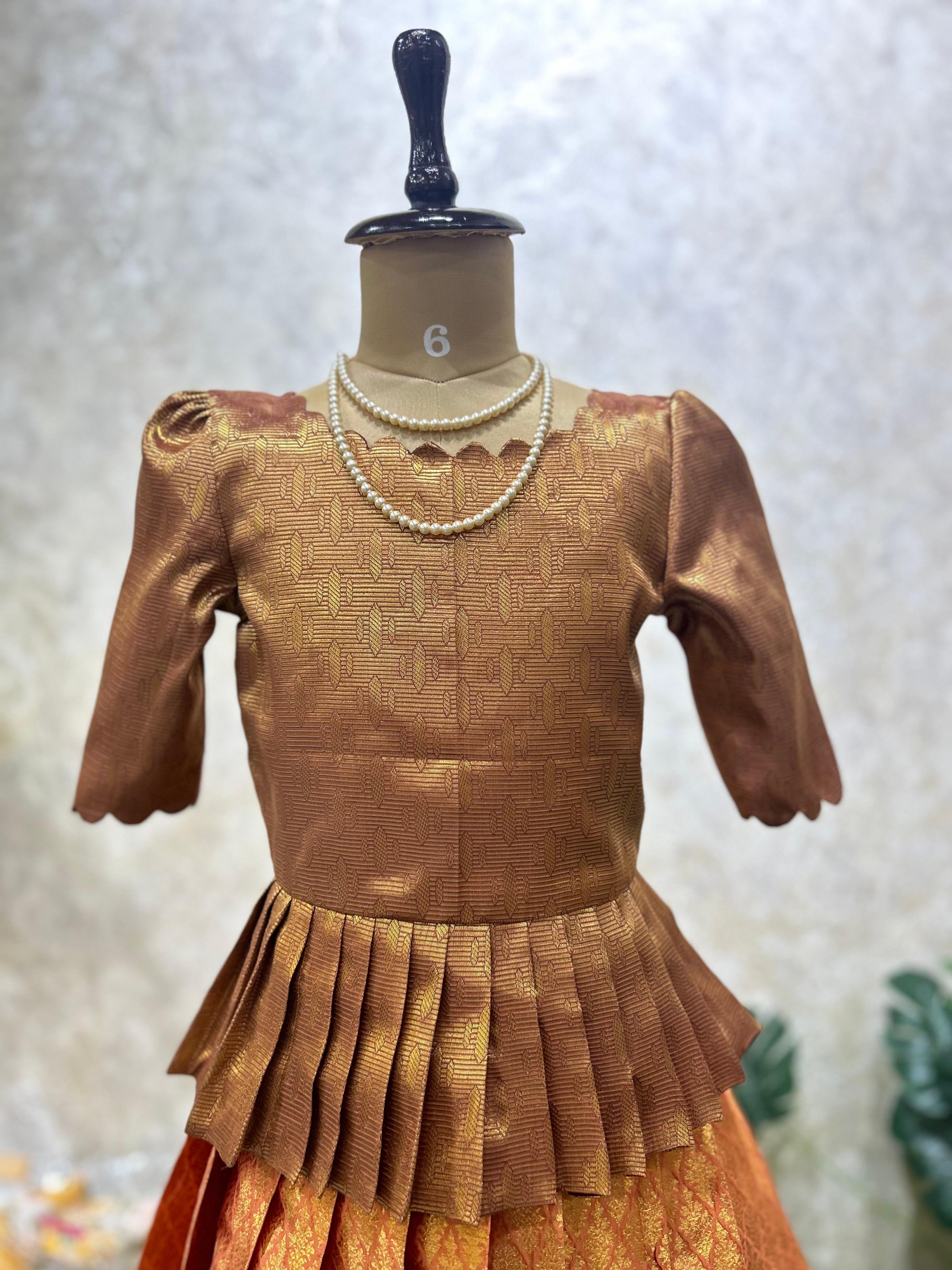 Orange brown kids semi Kanchi Lehenga