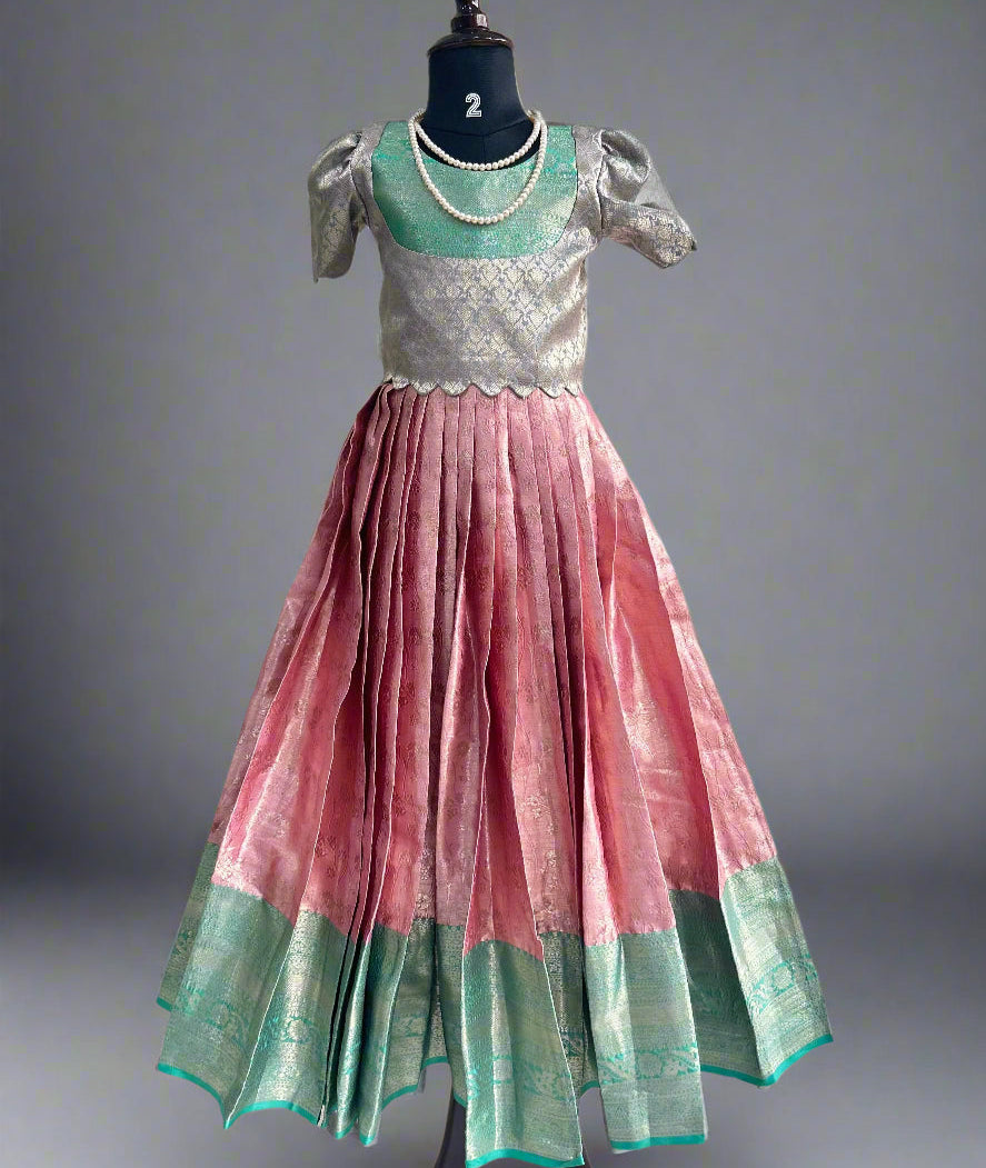 Pink n green kids semi Kanchi Lehenga