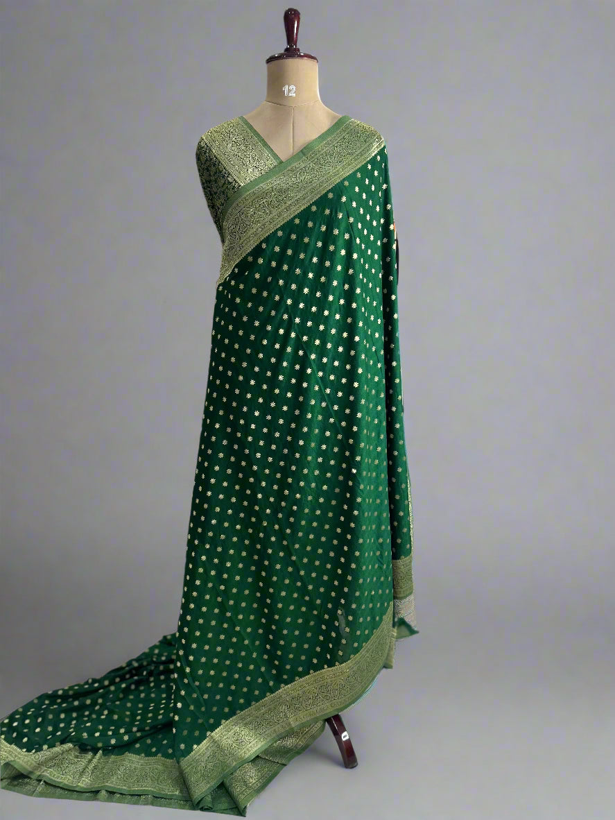 Bottle green star butta 07 soft crepe silk saree