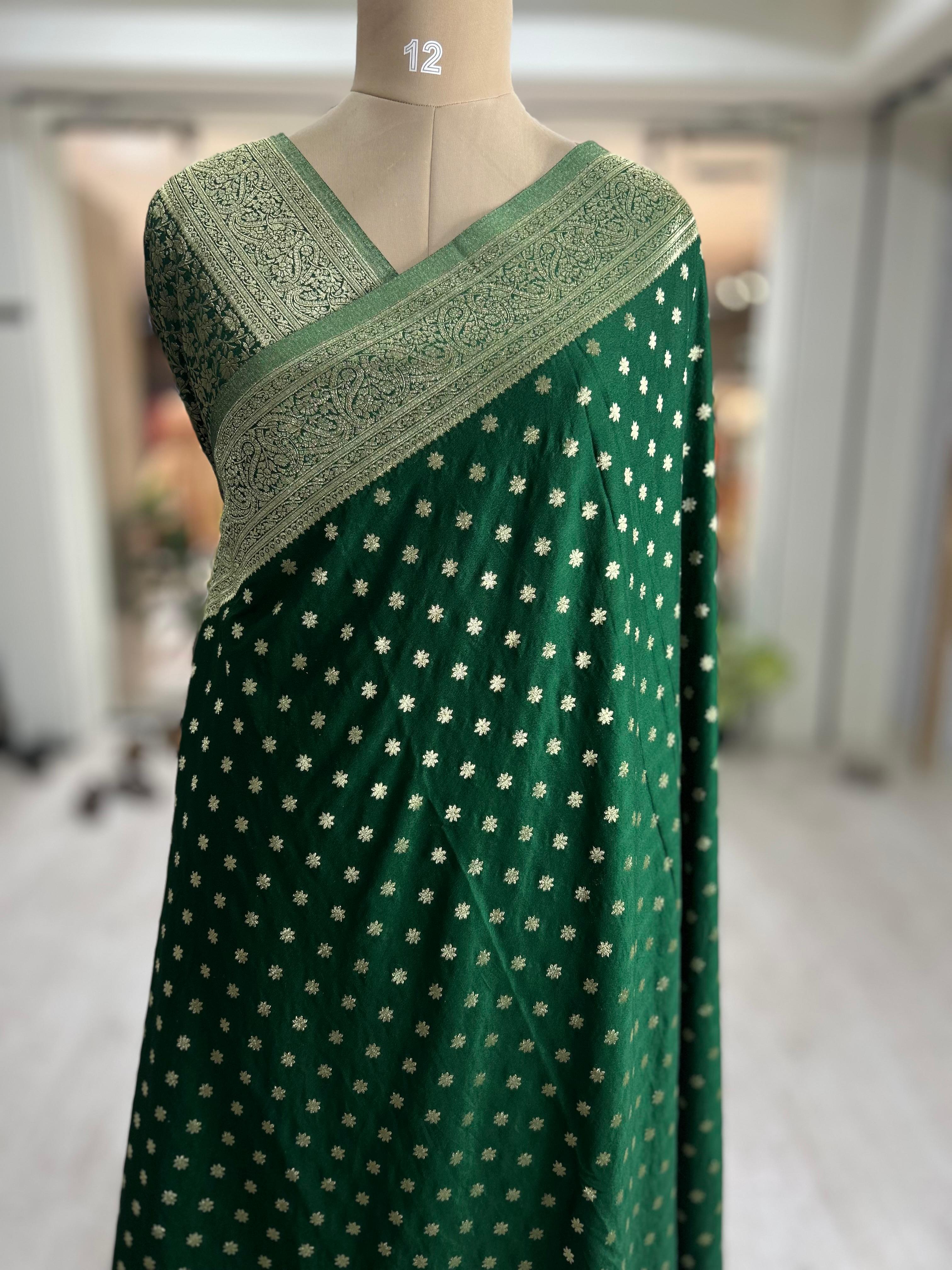 Bottle green star butta 07 soft crepe silk saree