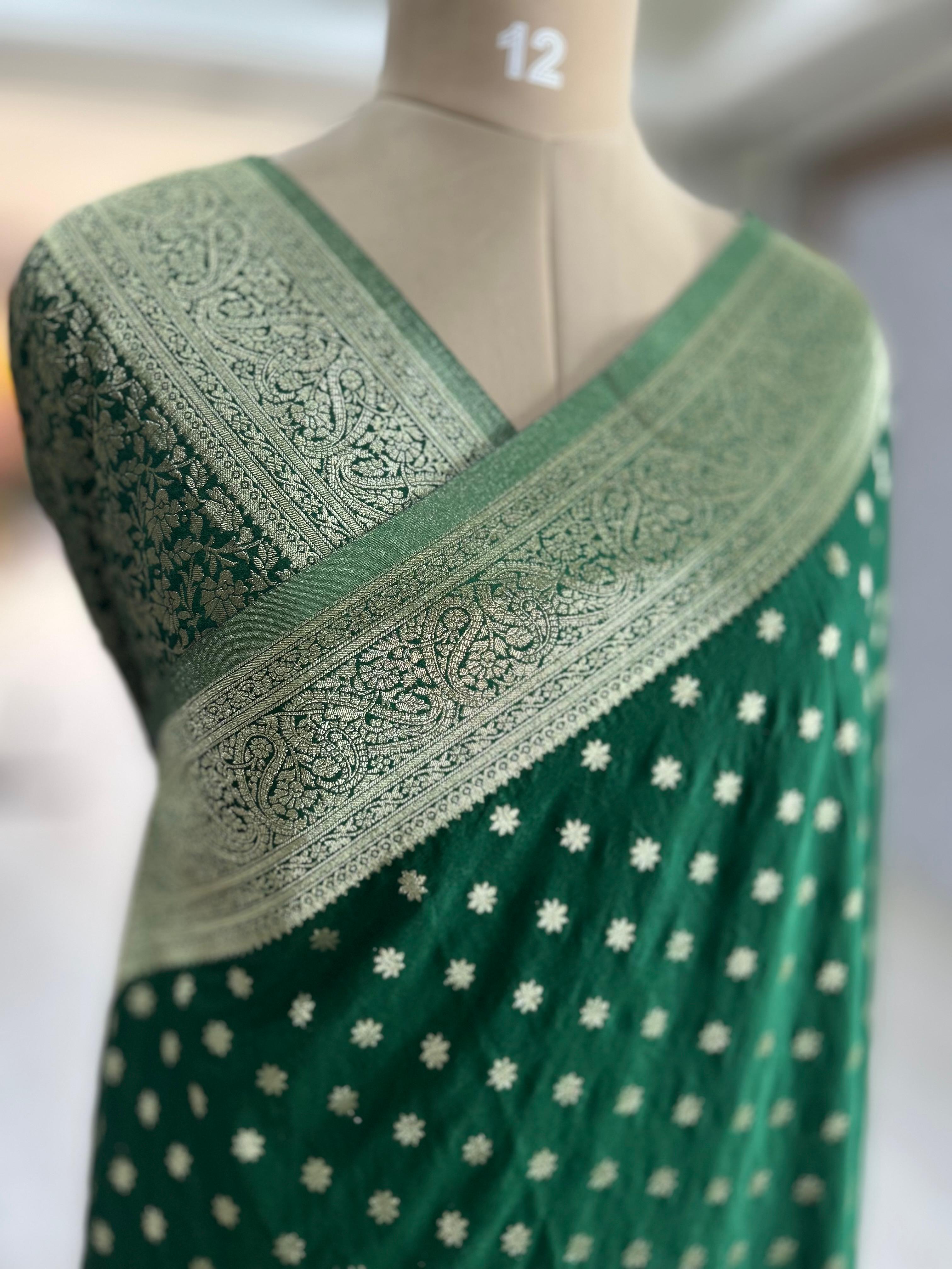 Bottle green star butta 07 soft crepe silk saree