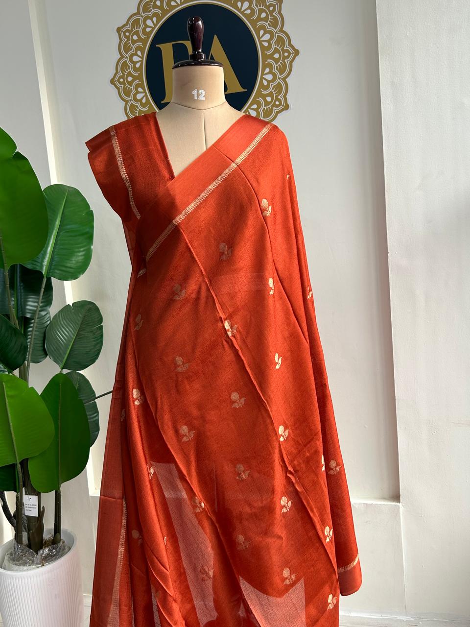 Rust orange 08 jute linen saree