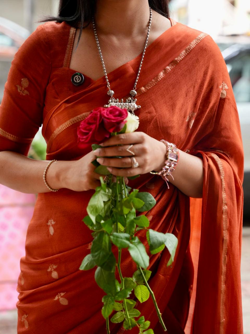 Rust orange 08 jute linen saree