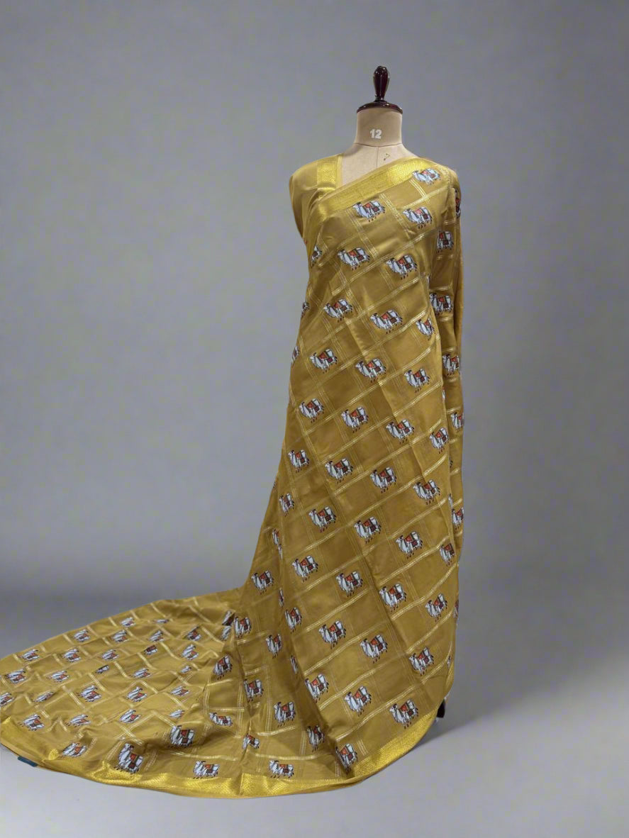 Metalic golden checks pichwai-08 design pure mysore crepe silk saree