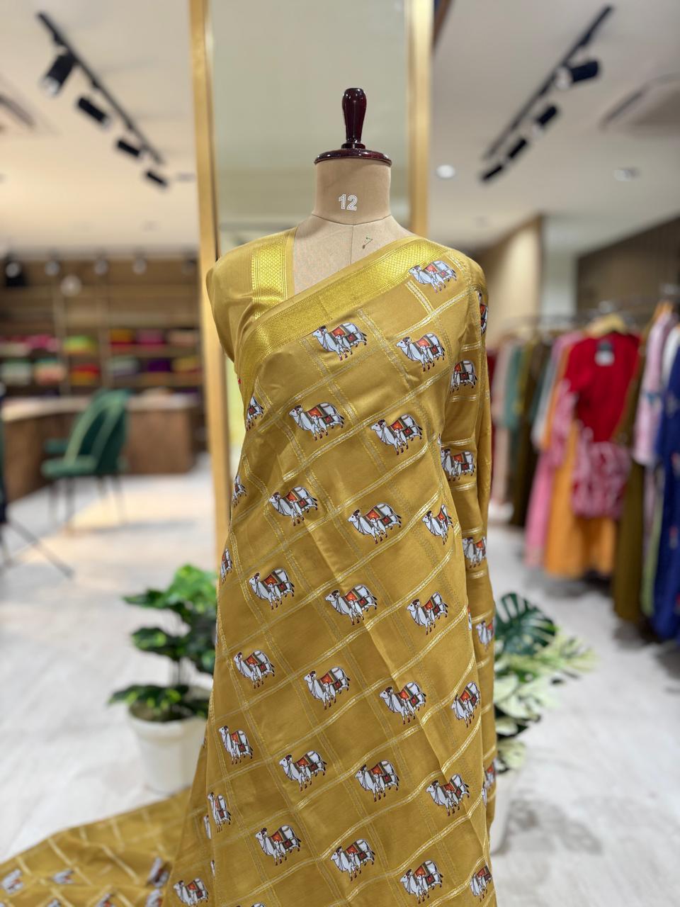 Metalic golden checks pichwai-08 design pure mysore crepe silk saree