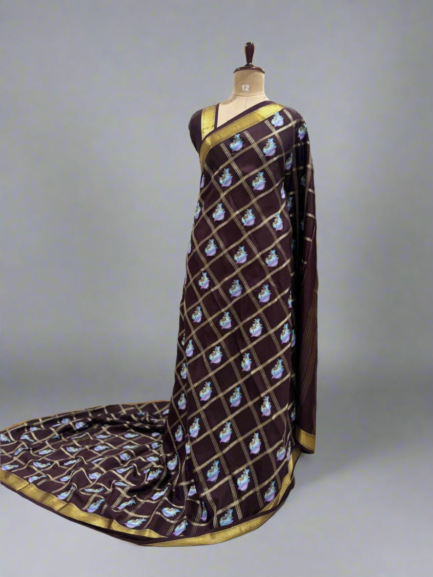 Dark brown checks pichwai-08 design pure mysore crepe silk saree