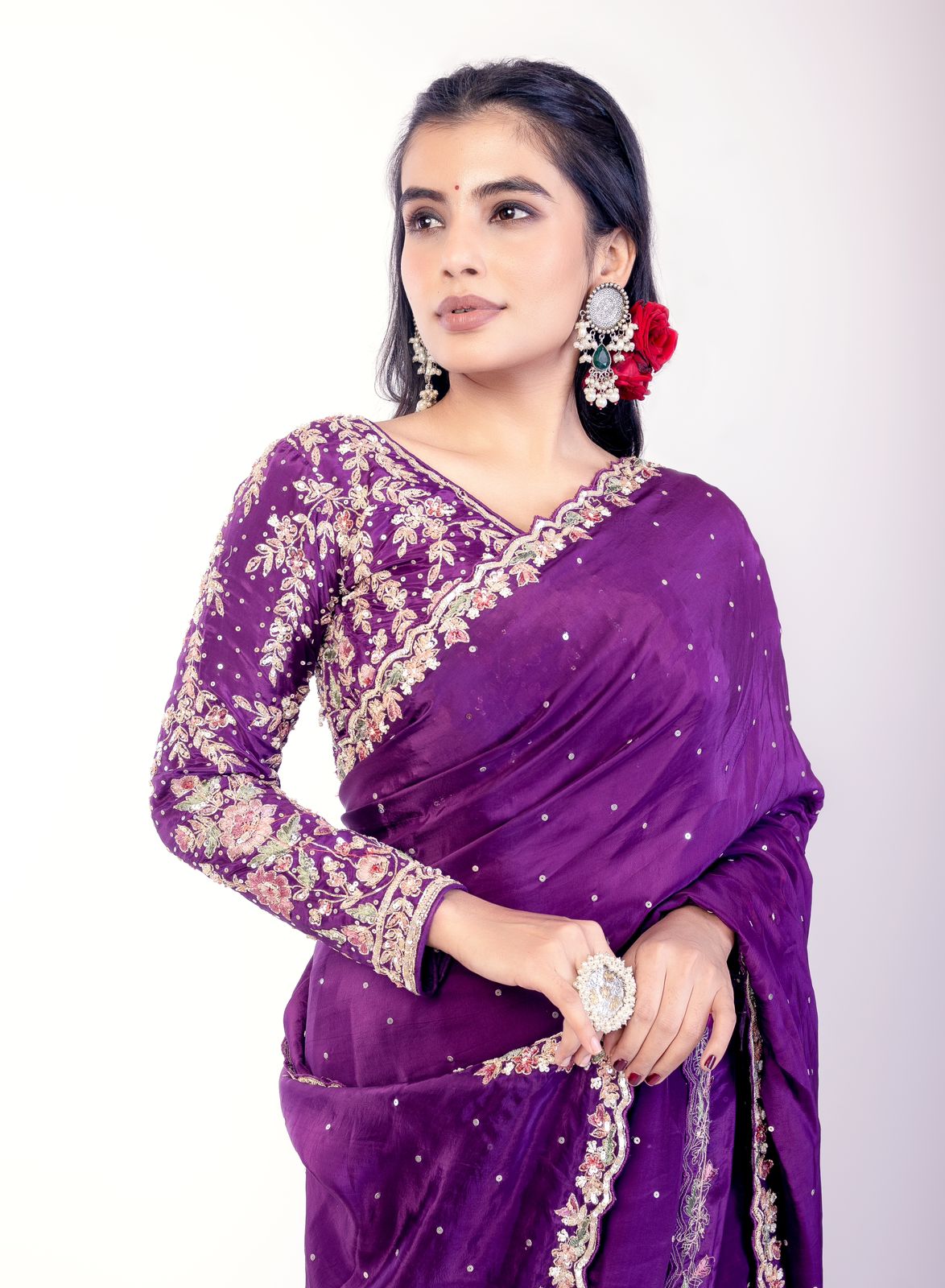 Purple handwork stitched blouse designer party saree