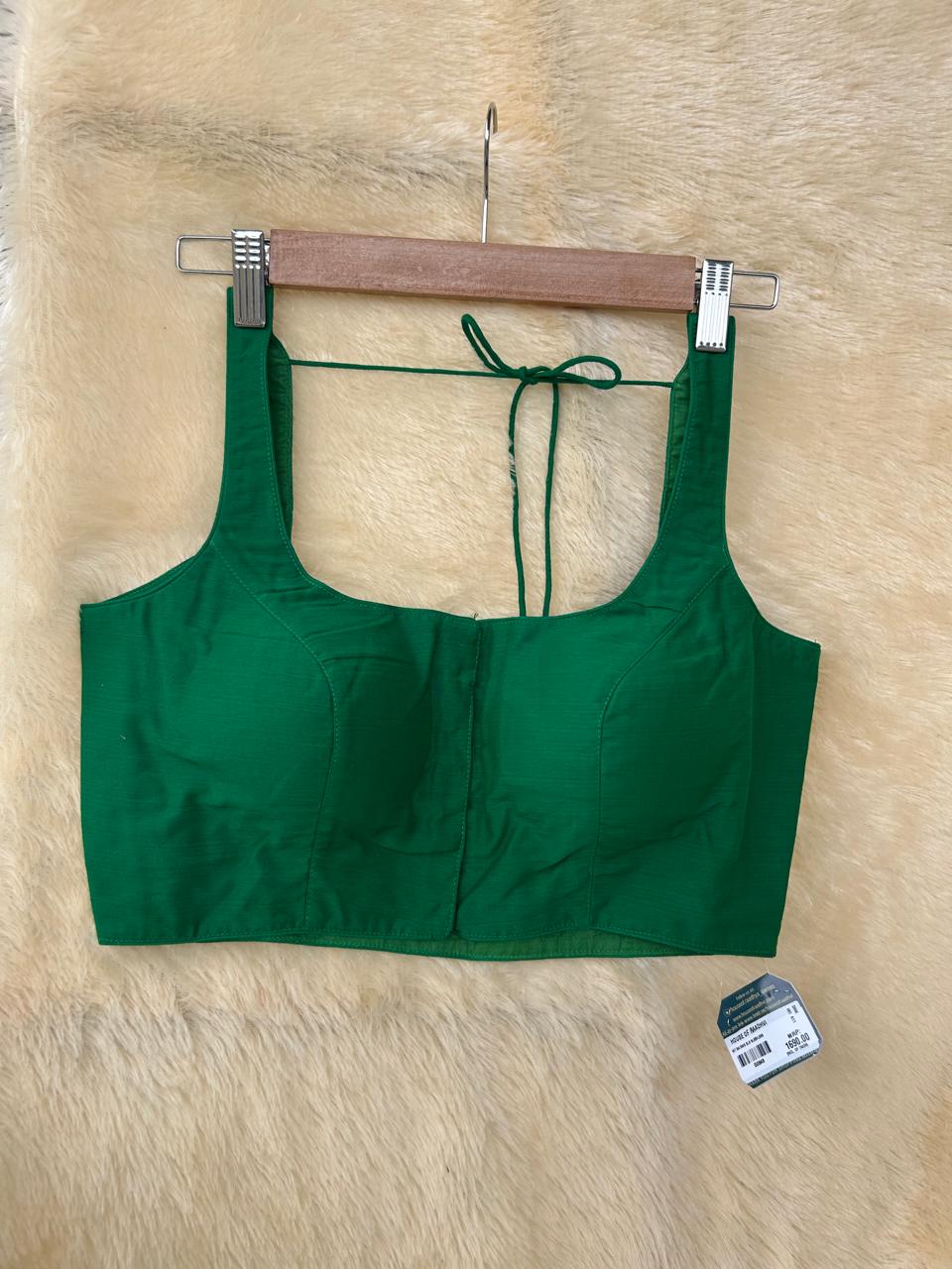 Green raw silk sleeveless blouse
