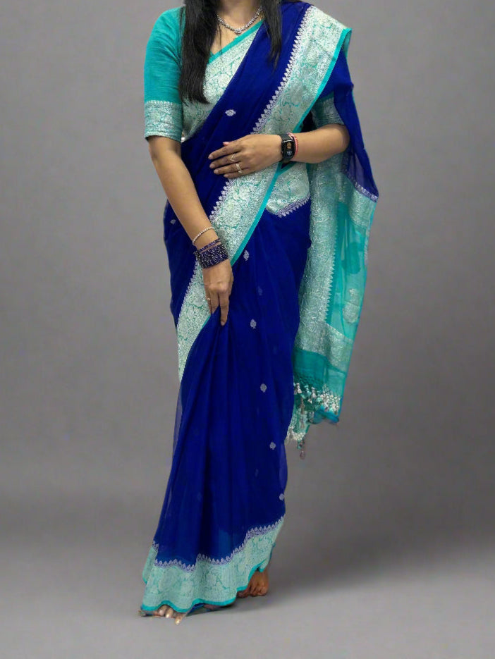 Blue with sky blue benarasi pure chiffon saree