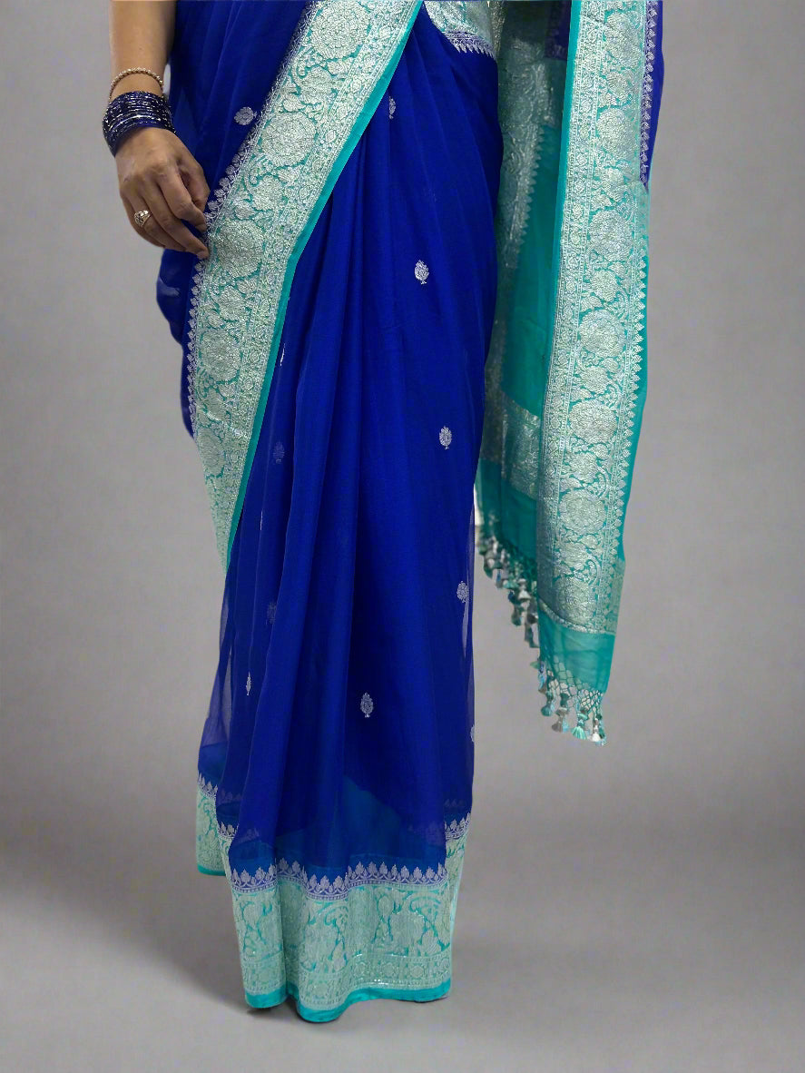 Blue with sky blue benarasi pure chiffon saree