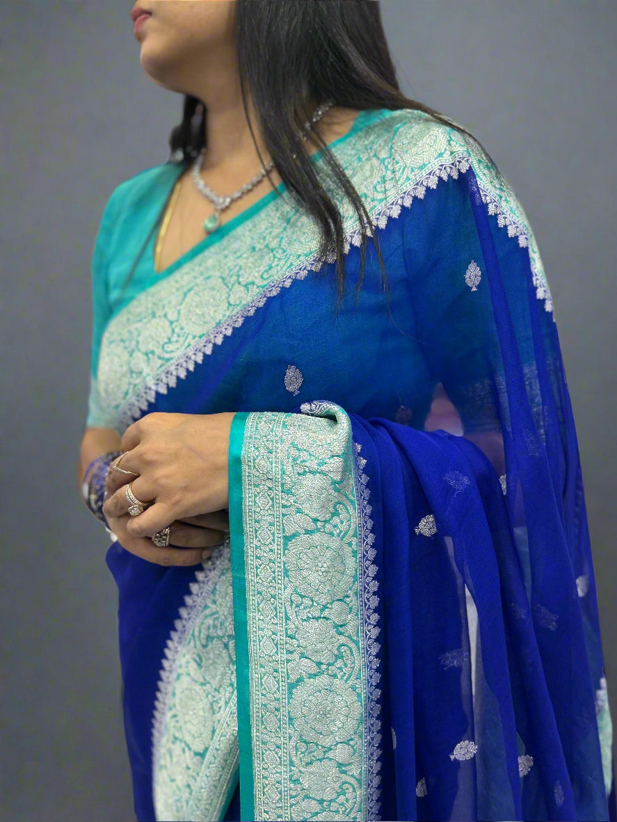Blue with sky blue benarasi pure chiffon saree