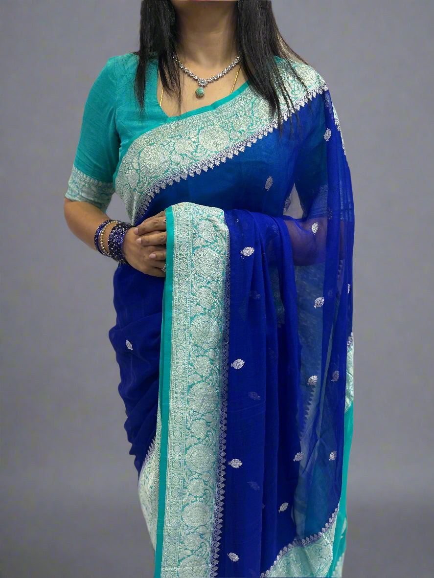 Blue with sky blue benarasi pure chiffon saree