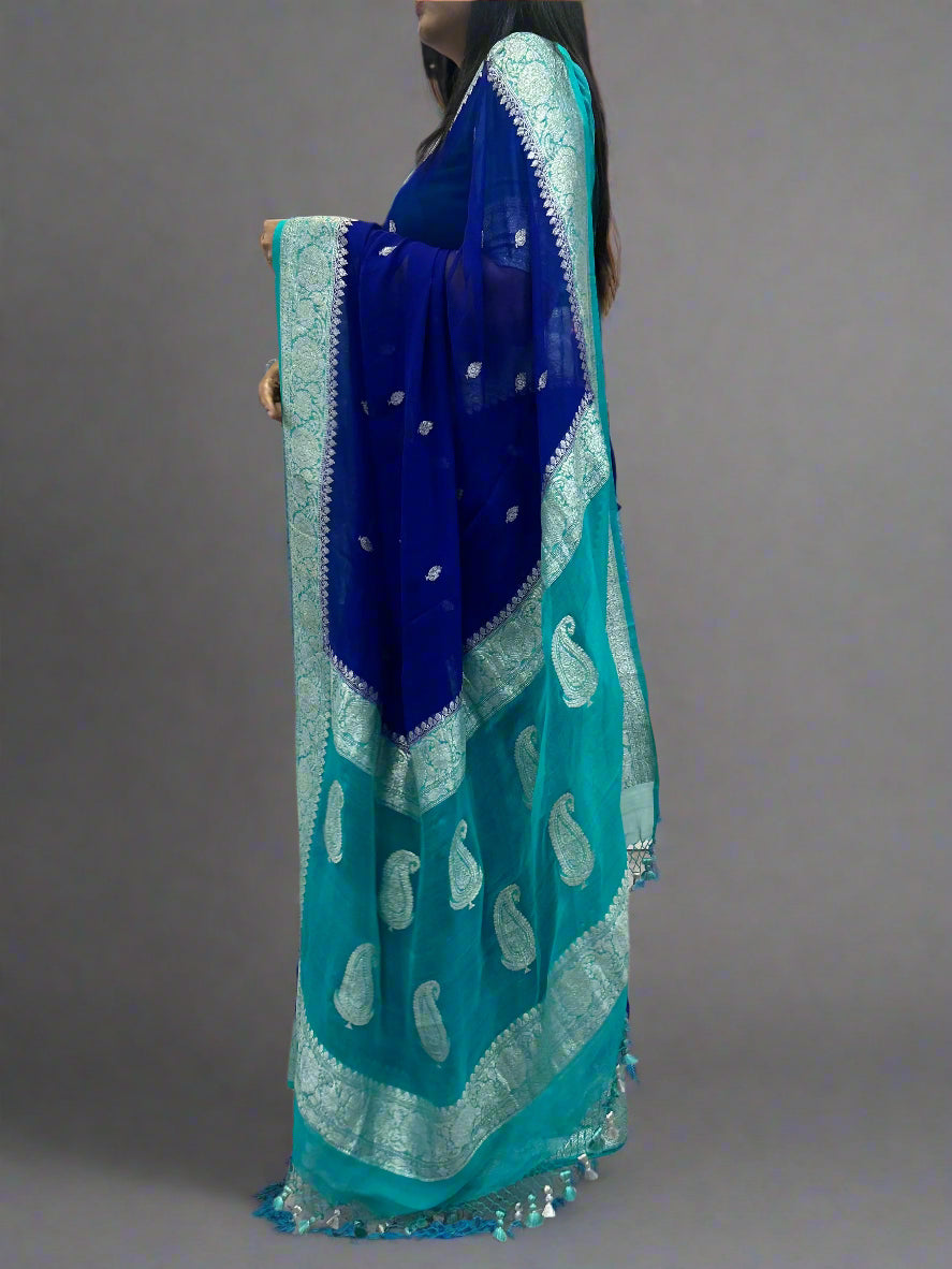 Blue with sky blue benarasi pure chiffon saree