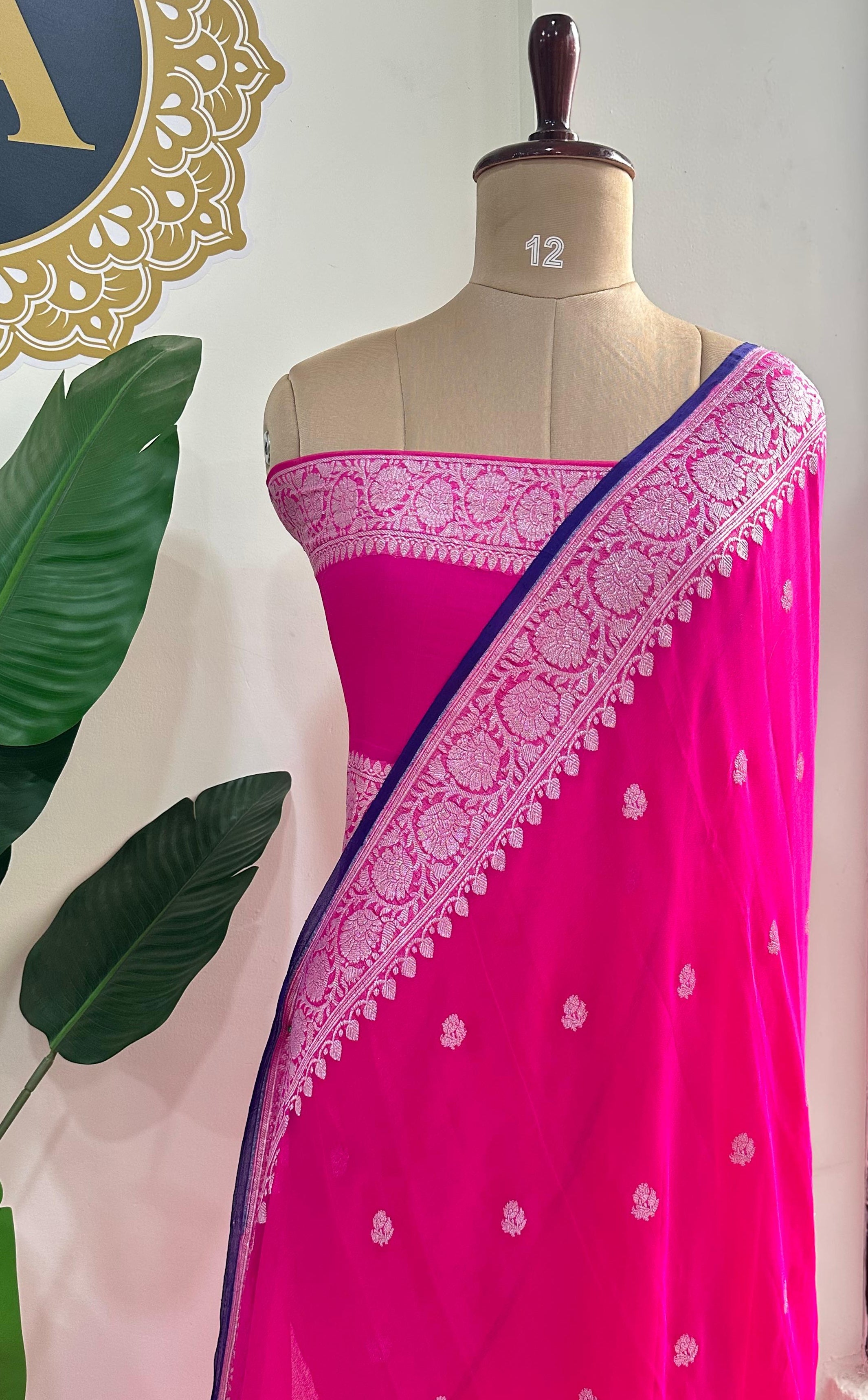 Pink benarasi pure chiffon saree