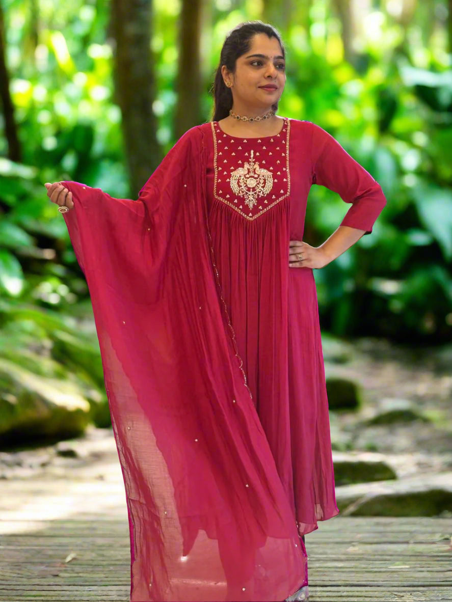 Maroon Mul silk Thread Embroidery Airline Kurtha 909