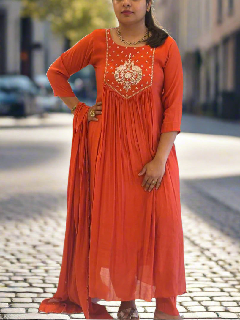 Orange Mul silk Thread Embroidery Airline Kurtha 909